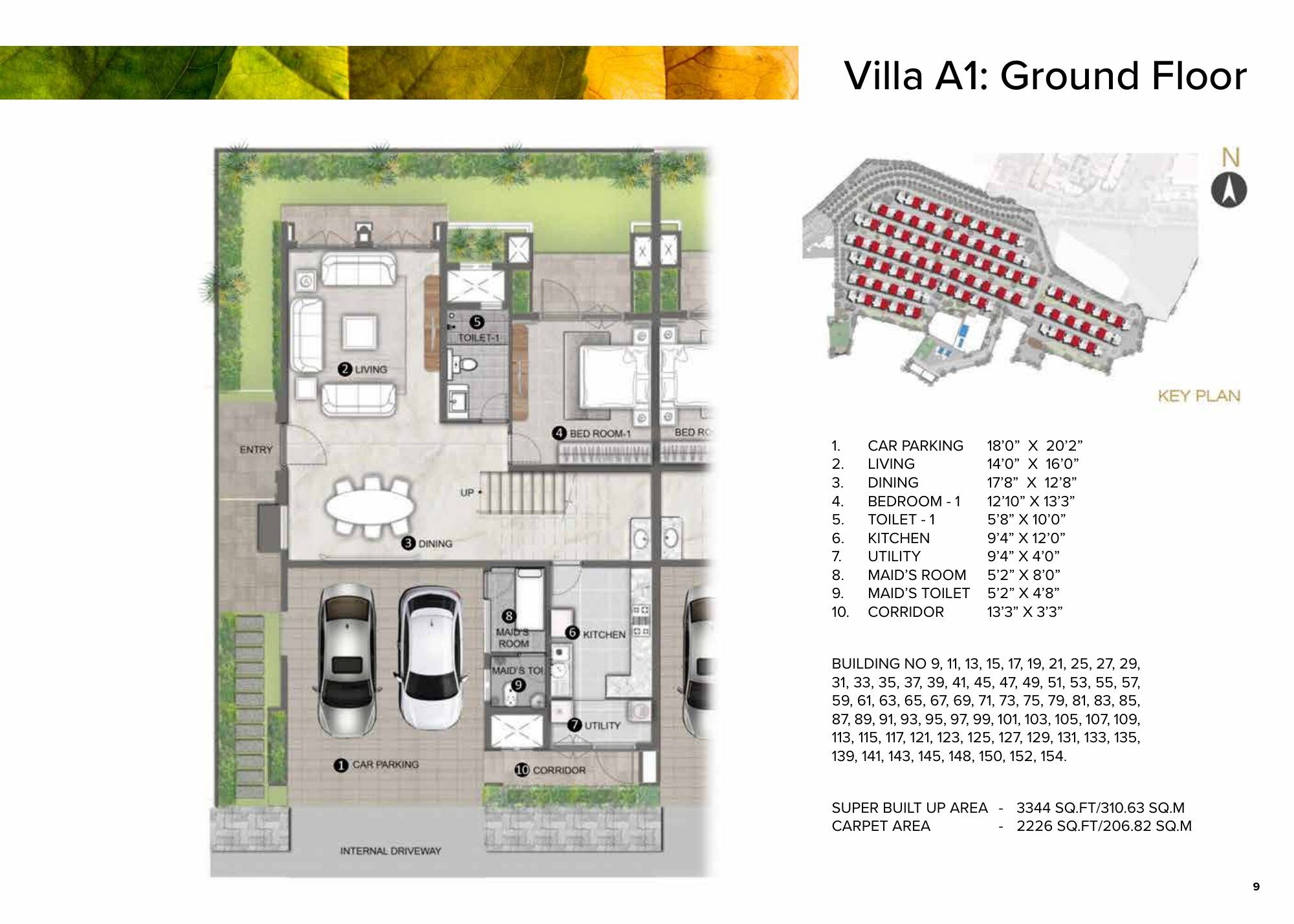 Aspen Greens @ The Prestige City — Villa A1: Ground Floor — Super built-up 3,344 sq ft, carpet 2,226 sq ft (p.9)