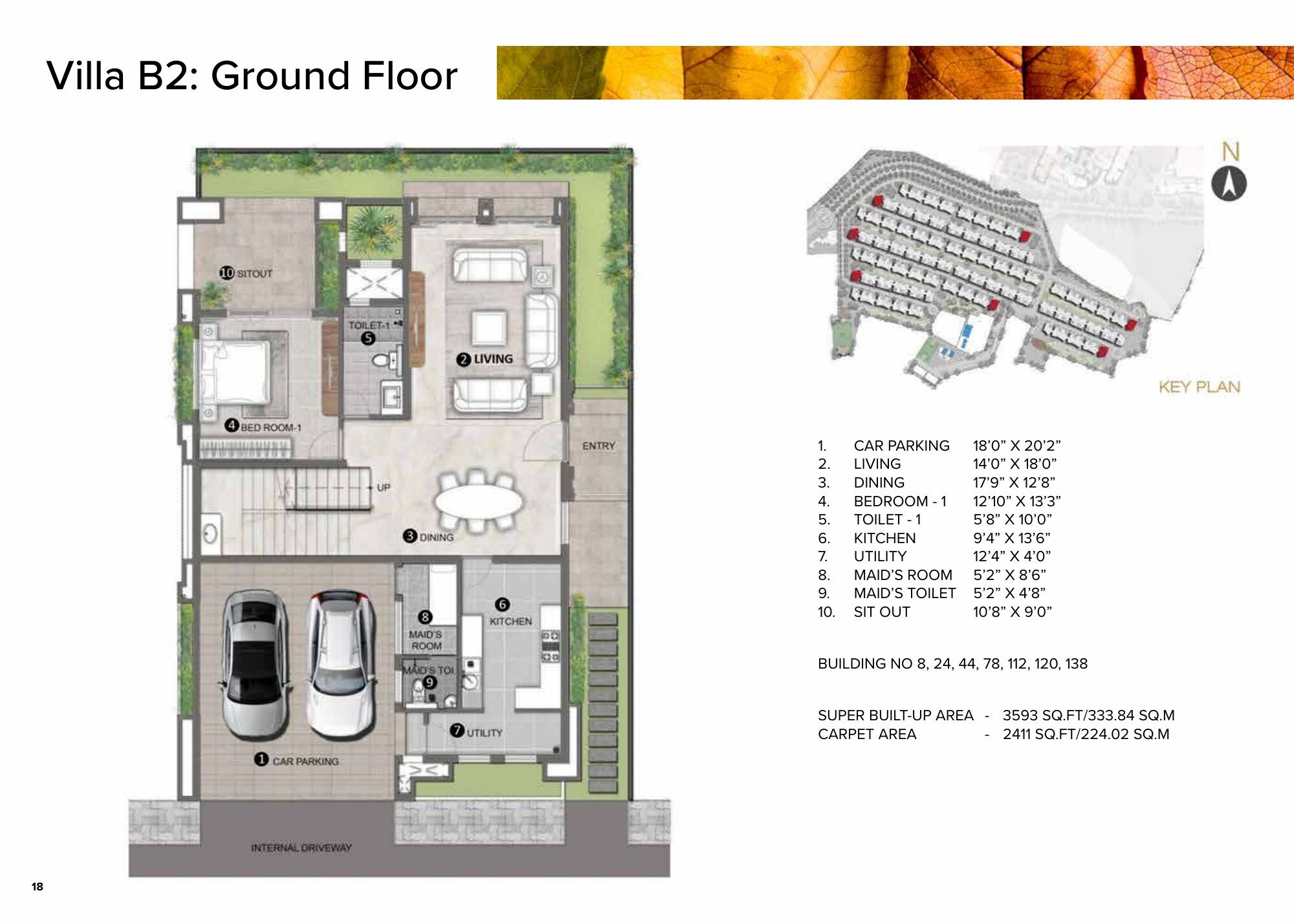 Aspen Greens @ The Prestige City — Villa B2: Ground Floor — Super built-up 3,593 sq ft, carpet 2,411 sq ft (p.18)