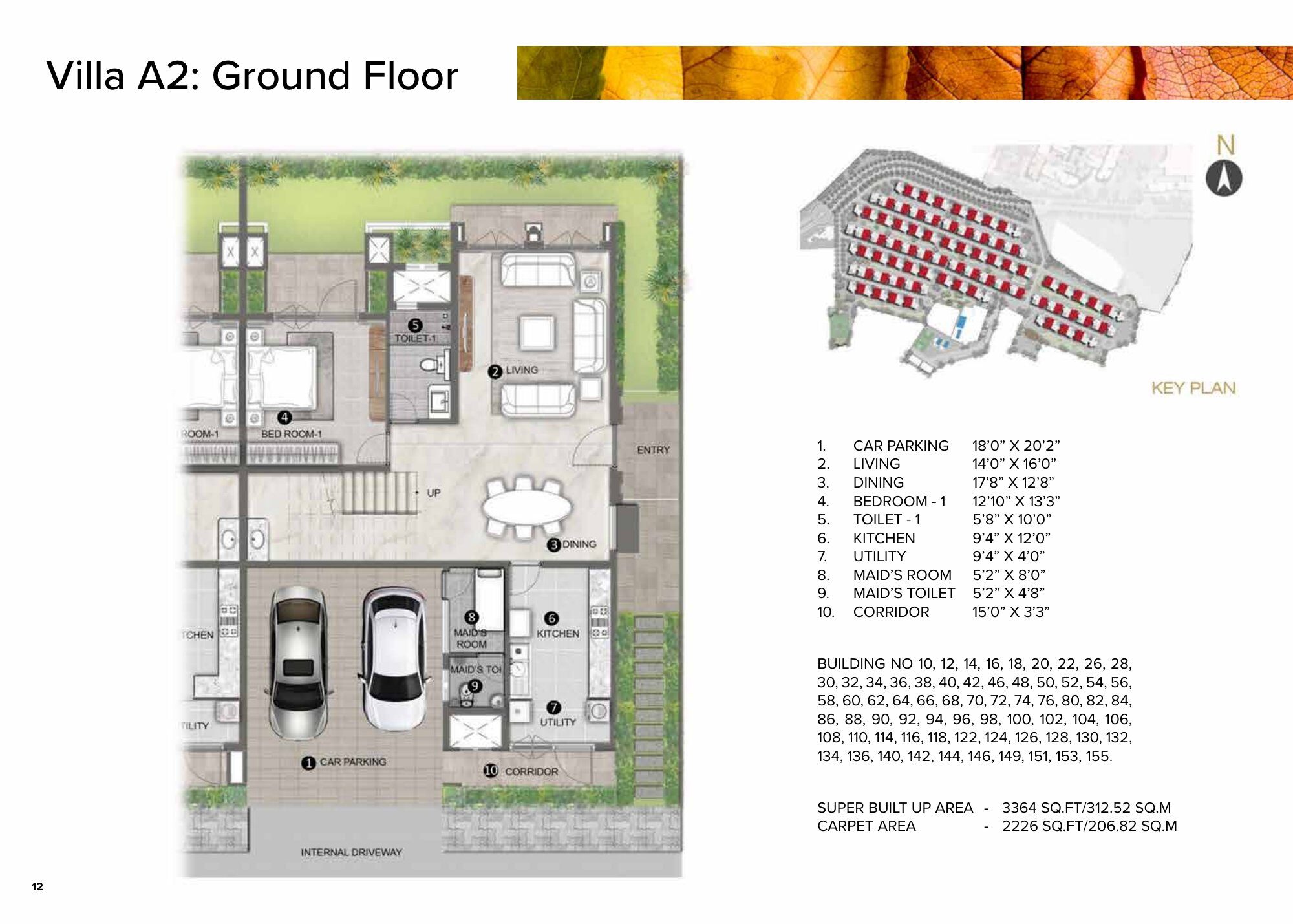 Aspen Greens @ The Prestige City — Villa A2: Ground Floor — Super built-up 3,364 sq ft, carpet 2,226 sq ft (p.12)