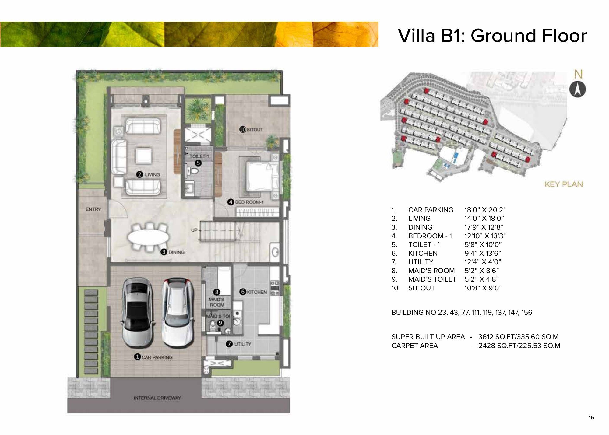 Aspen Greens @ The Prestige City — Villa B1: Ground Floor — Super built-up 3,612 sq ft, carpet 2,428 sq ft (p.15)
