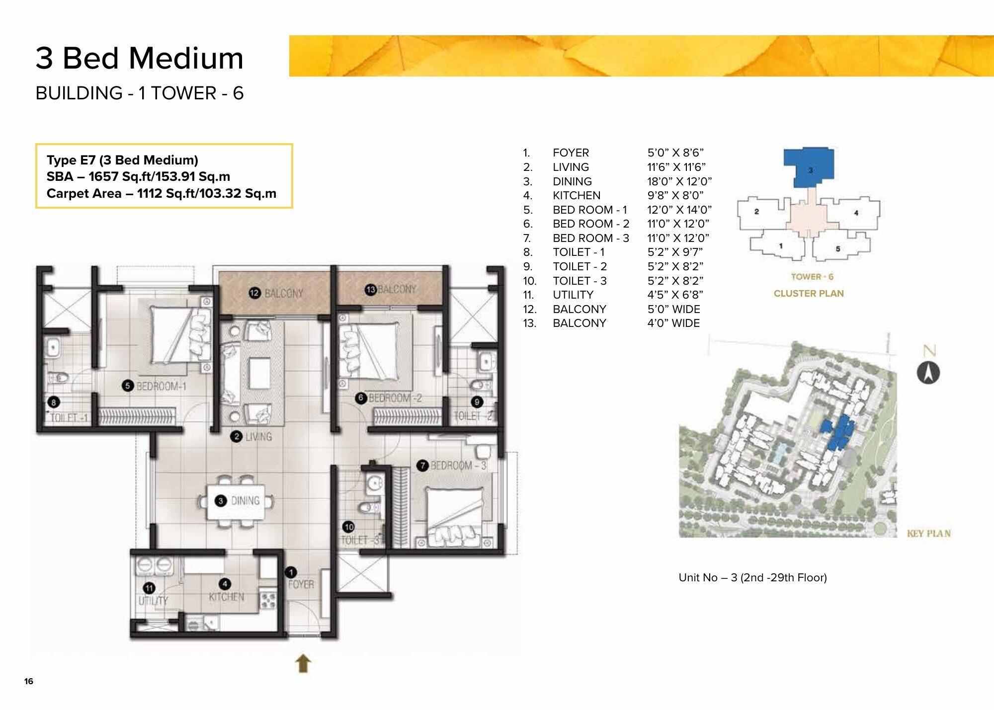 Avalon Park @ The Prestige City — Type E7 · 3 BHK — Super built-up 1,657 sq ft, carpet 1,112 sq ft (p.9)