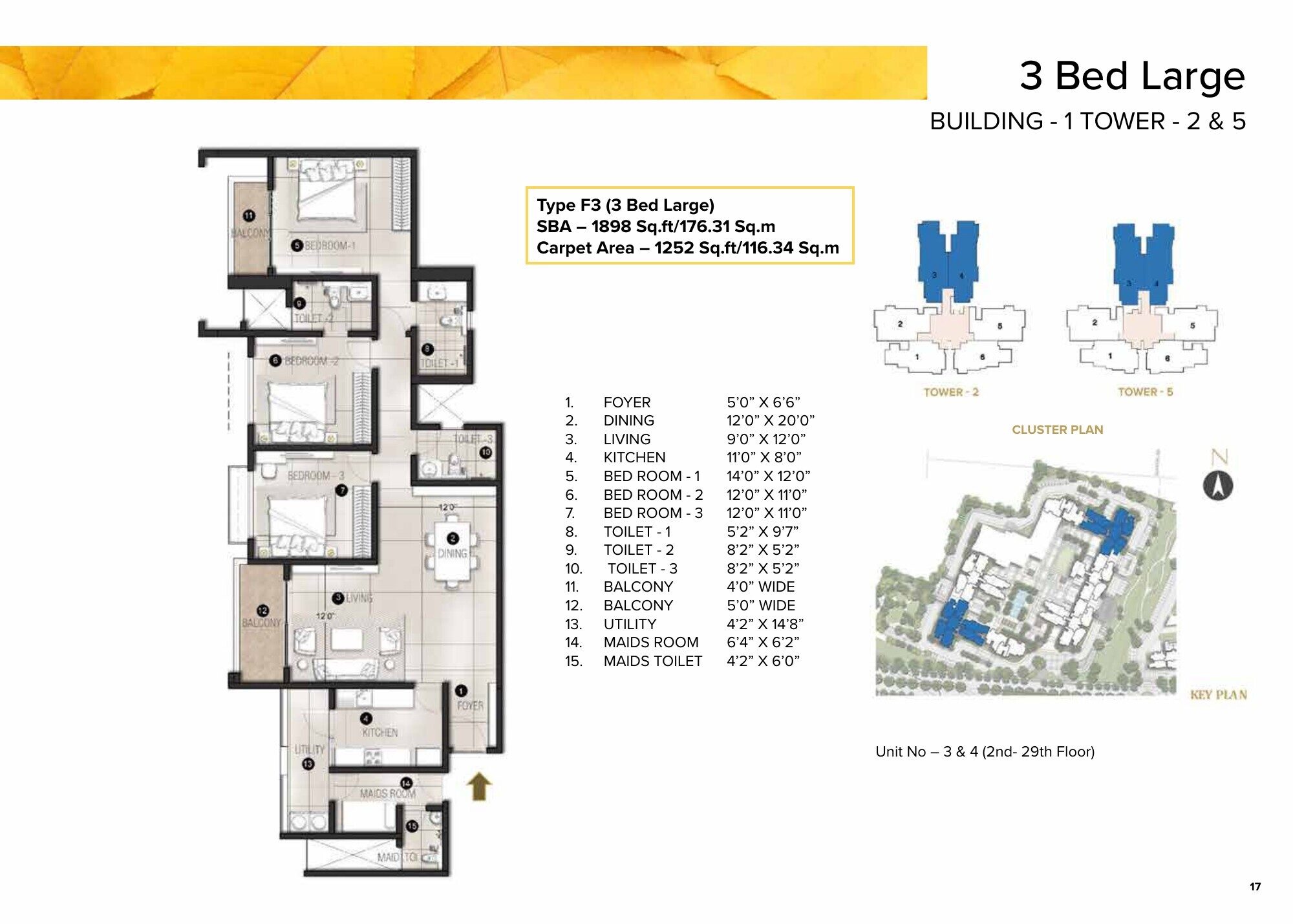 Avalon Park @ The Prestige City — Type F3 · 3 BHK — Super built-up 1,898 sq ft, carpet 1,252 sq ft (p.9)