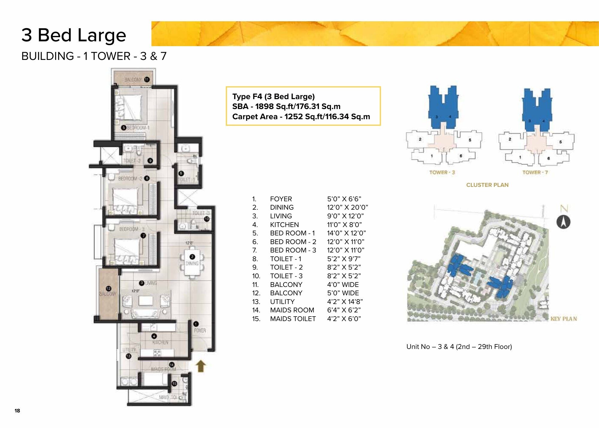 Avalon Park @ The Prestige City — Type F4 · 3 BHK — Super built-up 1,898 sq ft, carpet 1,252 sq ft (p.10)