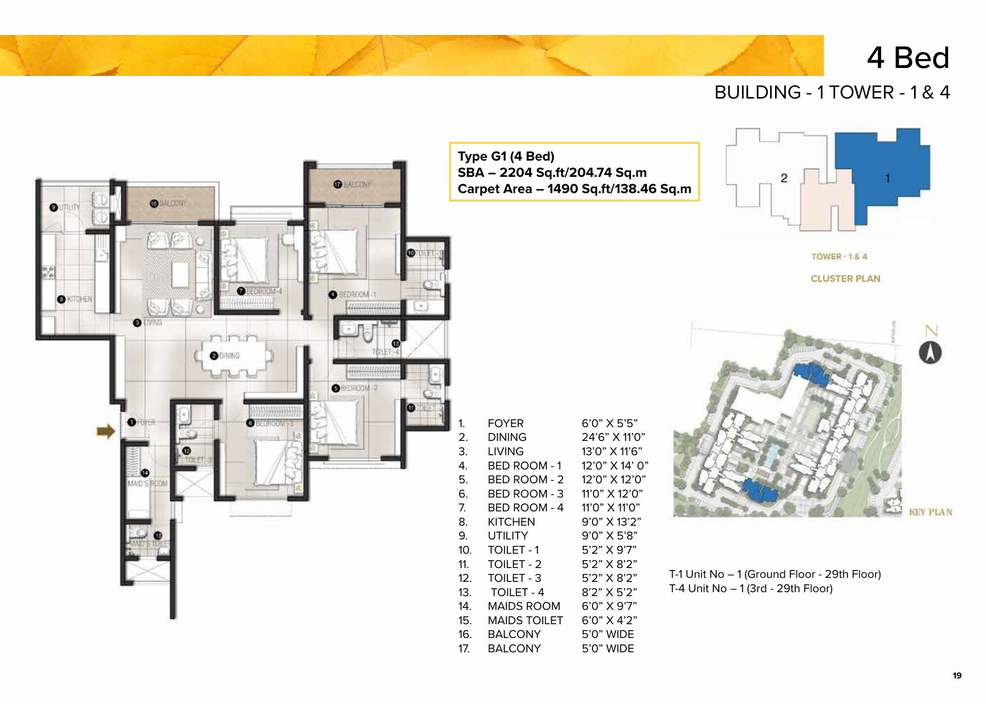 Avalon Park @ The Prestige City — Type G1 · 4 BHK — Super built-up 2,204 sq ft, carpet 1,490 sq ft (p.10)