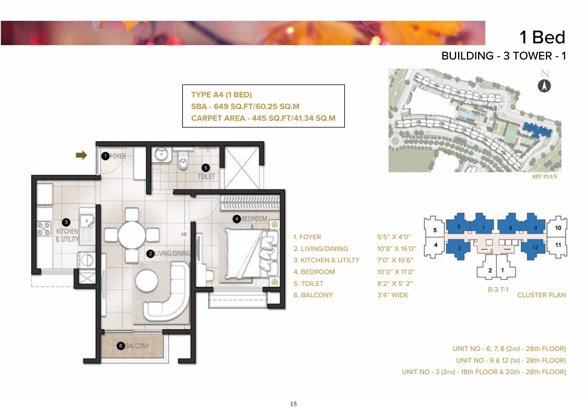 Eden Park @ The Prestige City — Type A4 · 1 BHK — Super built-up 649 sq ft, carpet 445 sq ft (p.15)