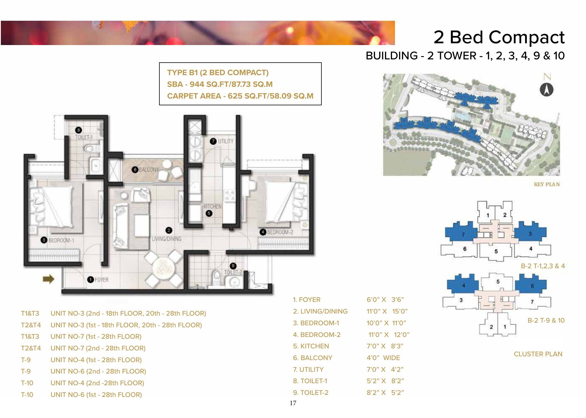 Eden Park @ The Prestige City — Type B1 · 2 BHK — Super built-up 944 sq ft, carpet 625 sq ft (p.17)