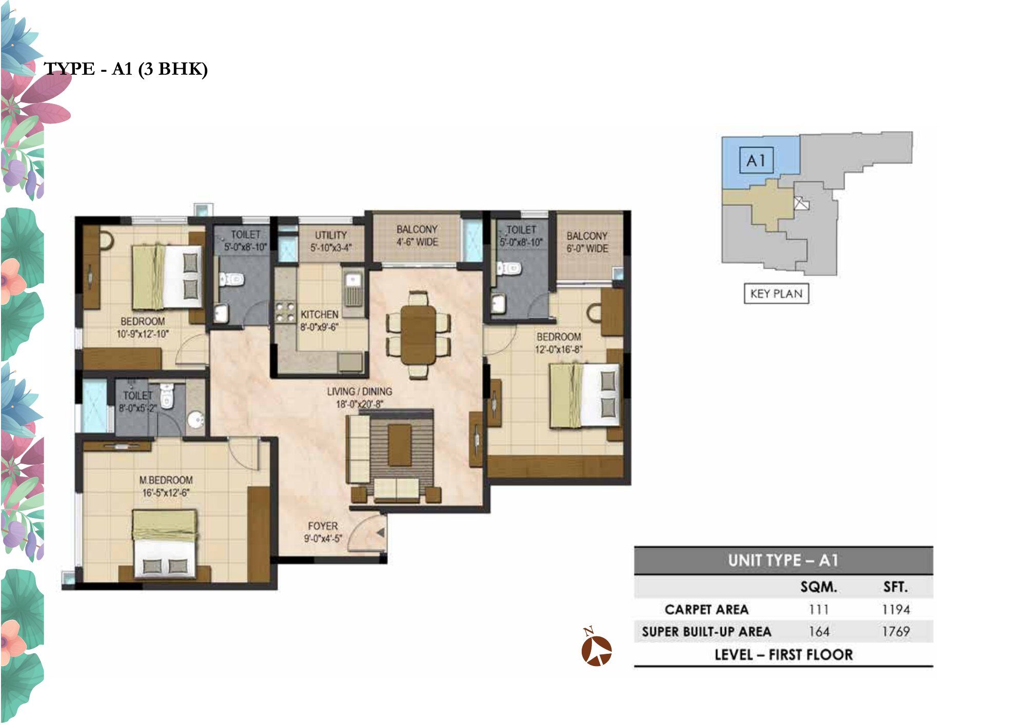 Prestige Botanique — Type A1 · 3 BHK — Super built-up 1,769 sq ft (p.12)