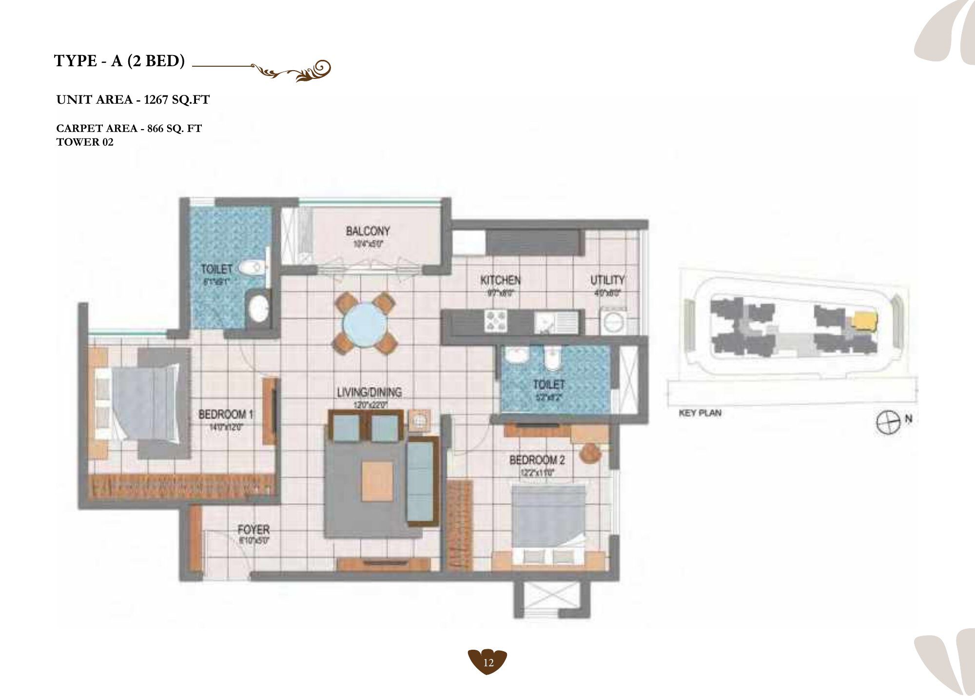 Prestige Dolce Vita — Type A · 2 BHK — Super built-up 1,267 sq ft, carpet 866 sq ft (p.12)