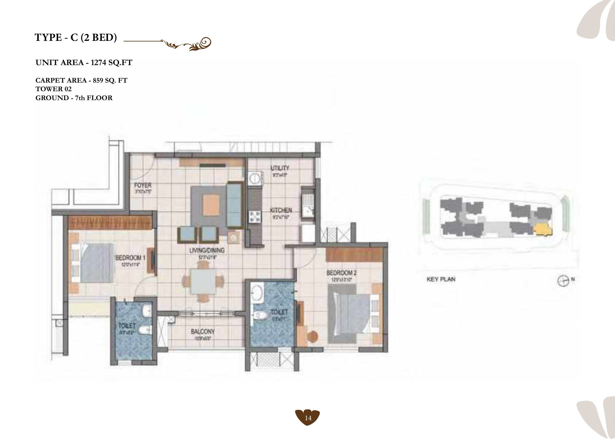Prestige Dolce Vita — Type C · 2 BHK — Super built-up 1,274 sq ft, carpet 859 sq ft (p.14)