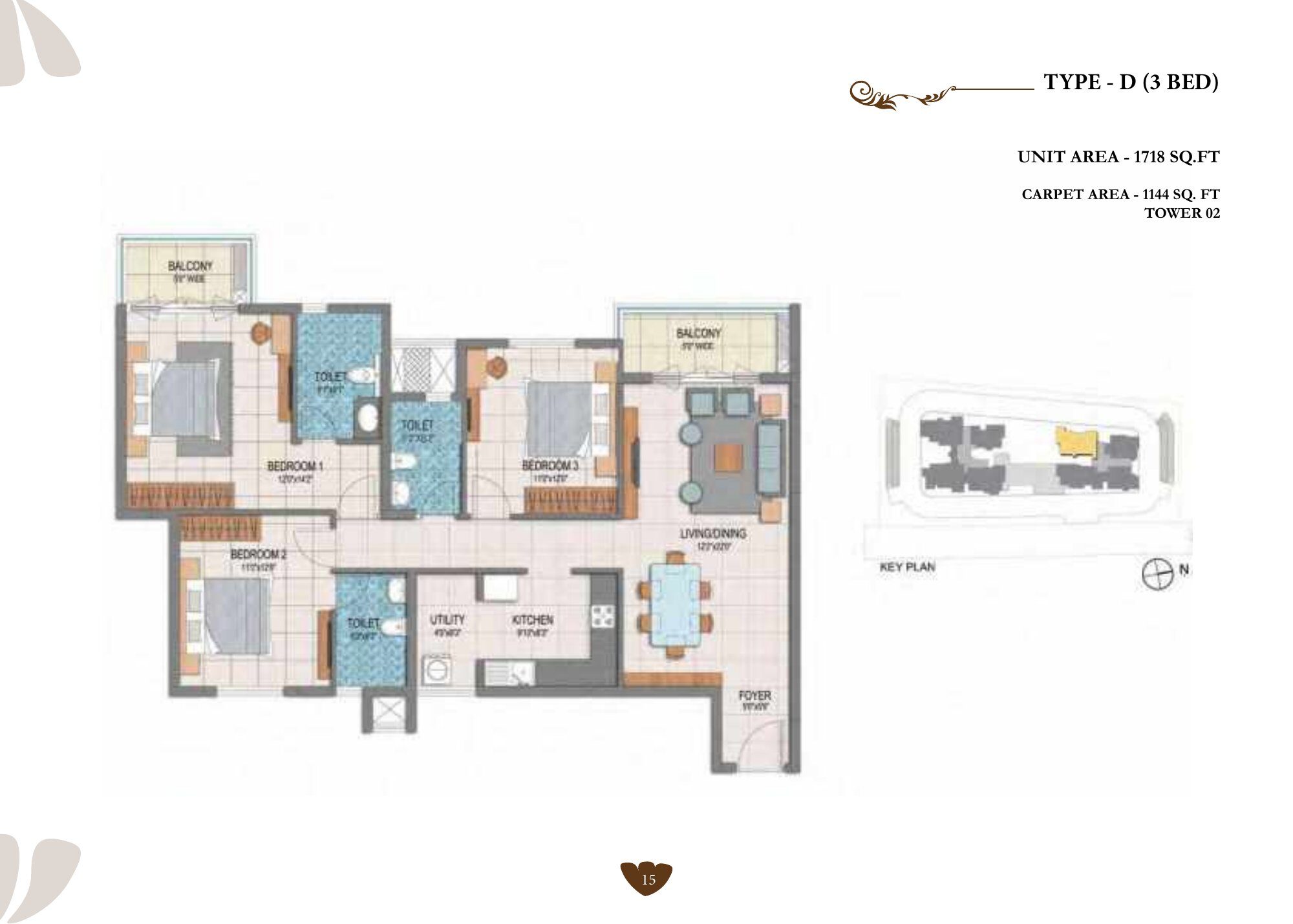 Prestige Dolce Vita — Type D · 3 BHK — Super built-up 1,718 sq ft, carpet 1,144 sq ft (p.15)