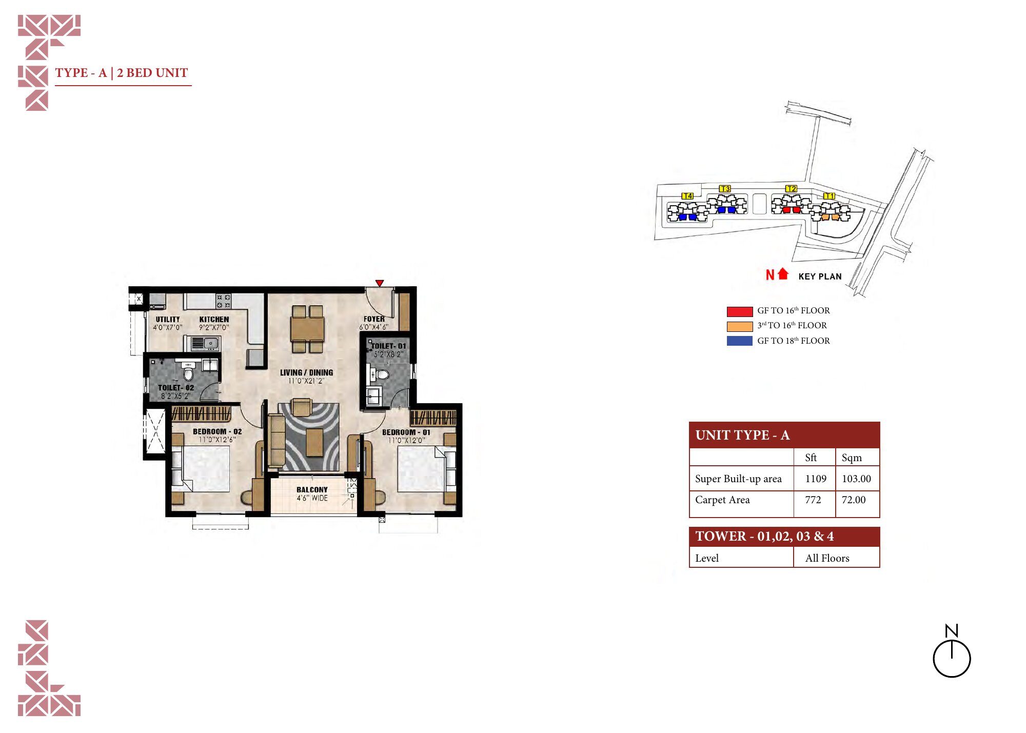 Prestige Elysian — Type A · 2 BHK — Super built-up 1,109 sq ft, carpet 772 sq ft (p.22)