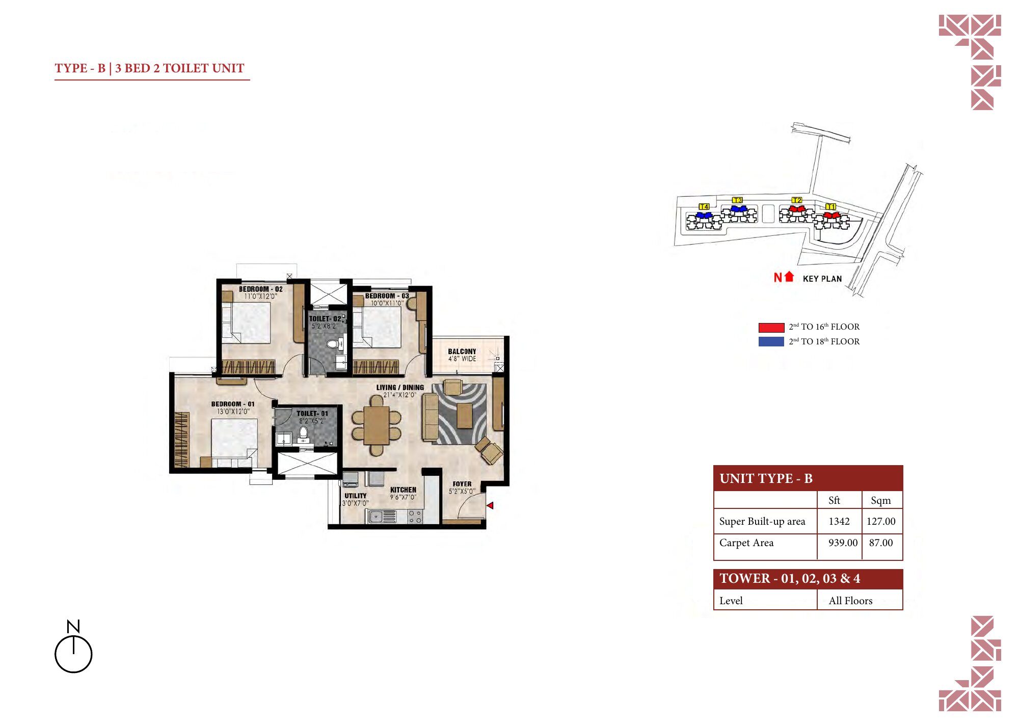 Prestige Elysian — Type B · 3 BHK — Super built-up 1,342 sq ft, carpet 939 sq ft (p.25)