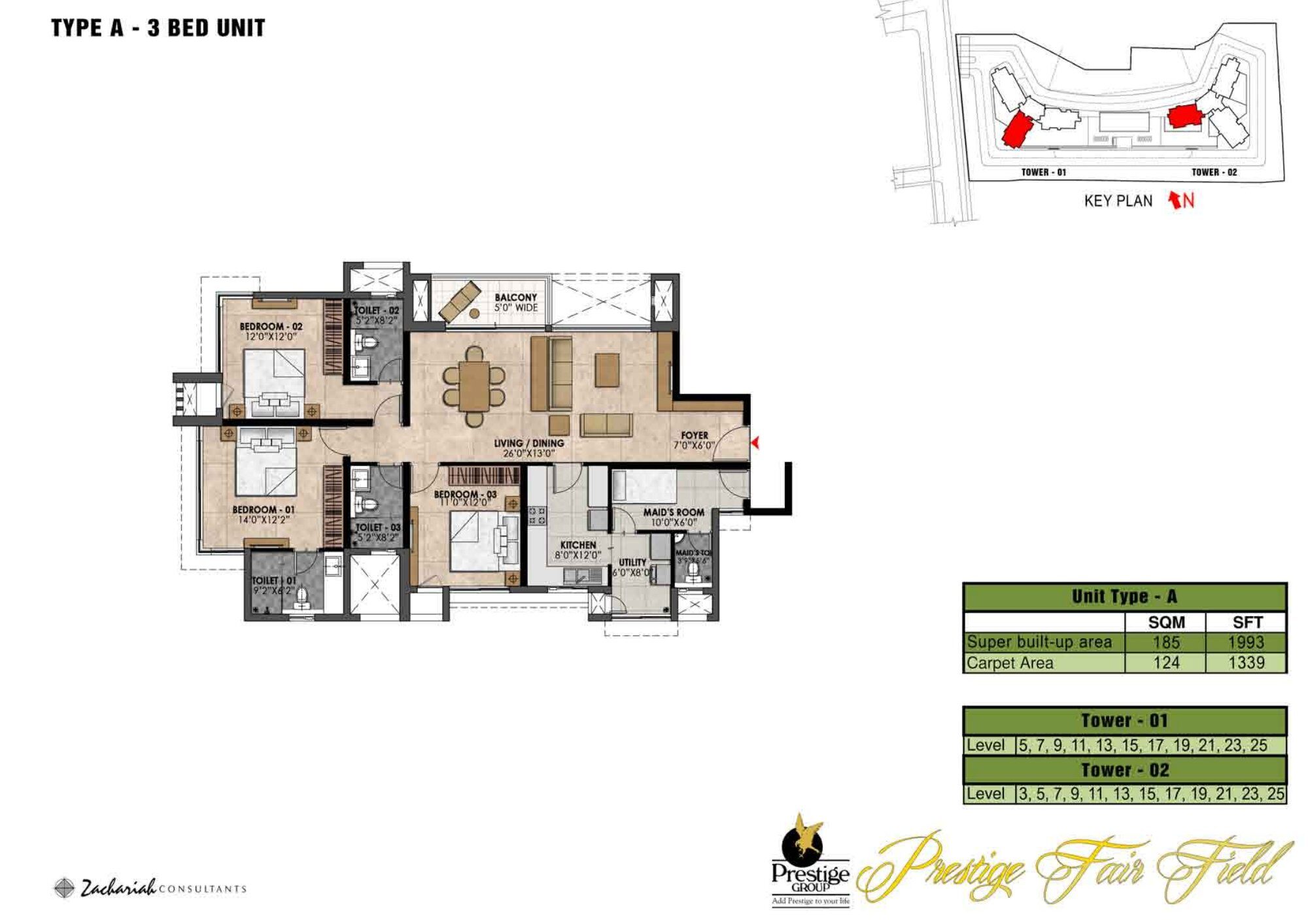 Prestige Fairfield — Type A · 3 BHK — Super built-up 1,993 sq ft, carpet 1,339 sq ft (p.22)