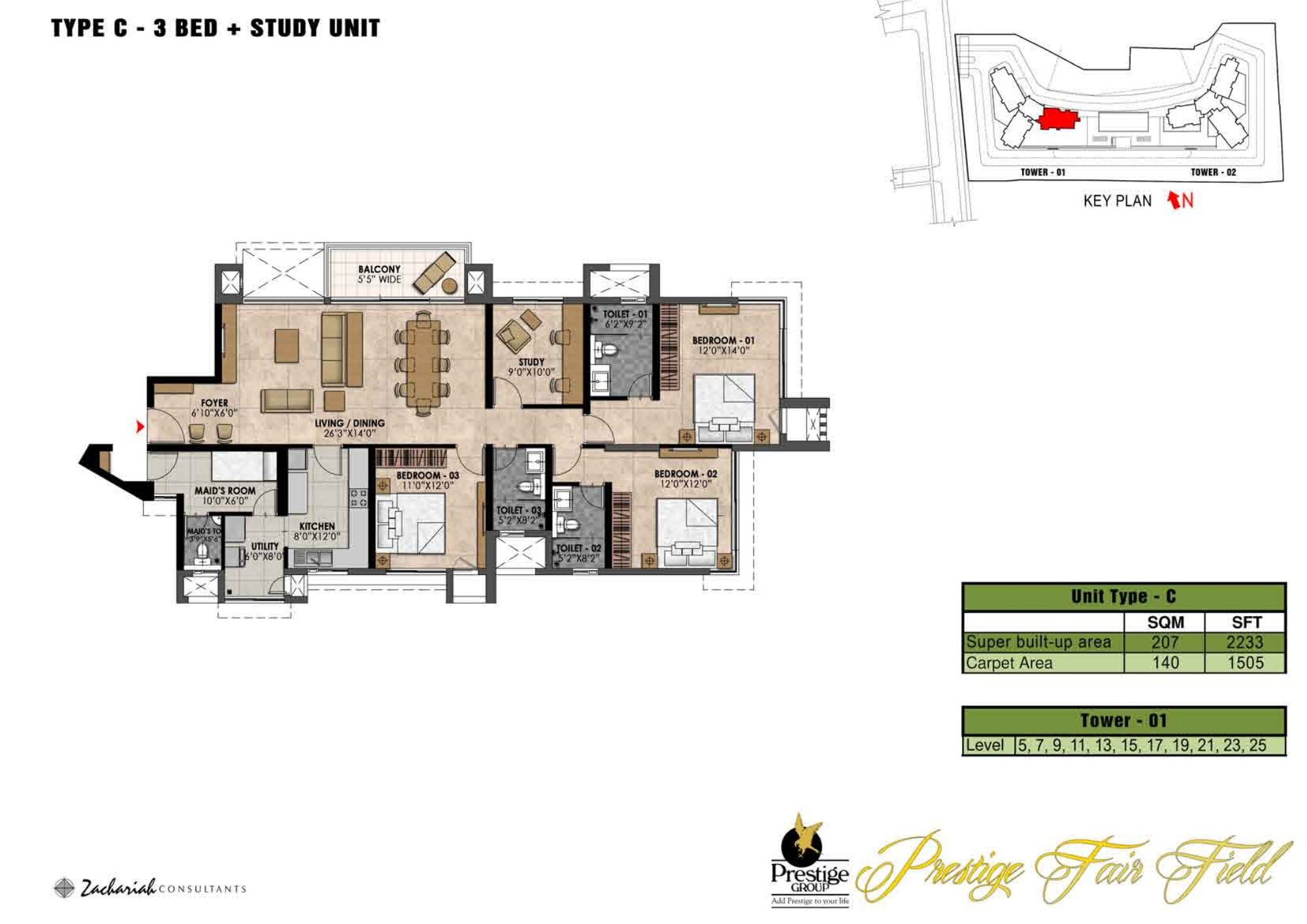 Prestige Fairfield — Type C · 3 BHK — Super built-up 2,233 sq ft, carpet 1,505 sq ft (p.31)