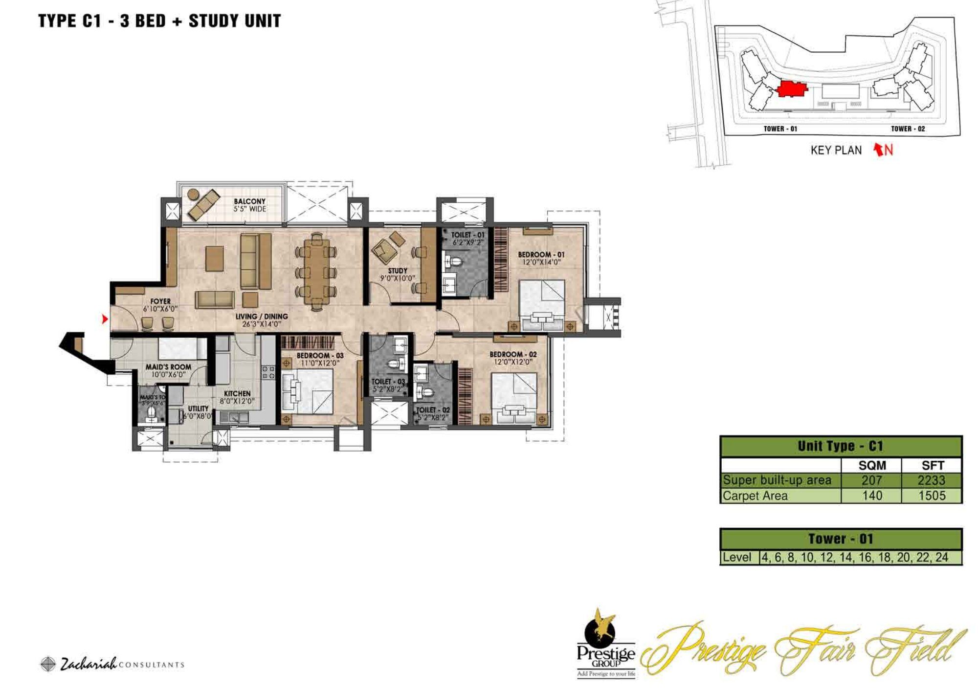 Prestige Fairfield — Type C1 · 3 BHK — Super built-up 2,233 sq ft, carpet 1,505 sq ft (p.32)