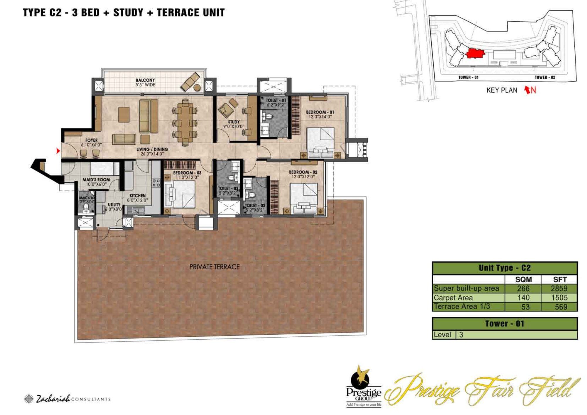 Prestige Fairfield — Type C2 · 3 BHK — Super built-up 2,859 sq ft, carpet 1,505 sq ft (p.33)