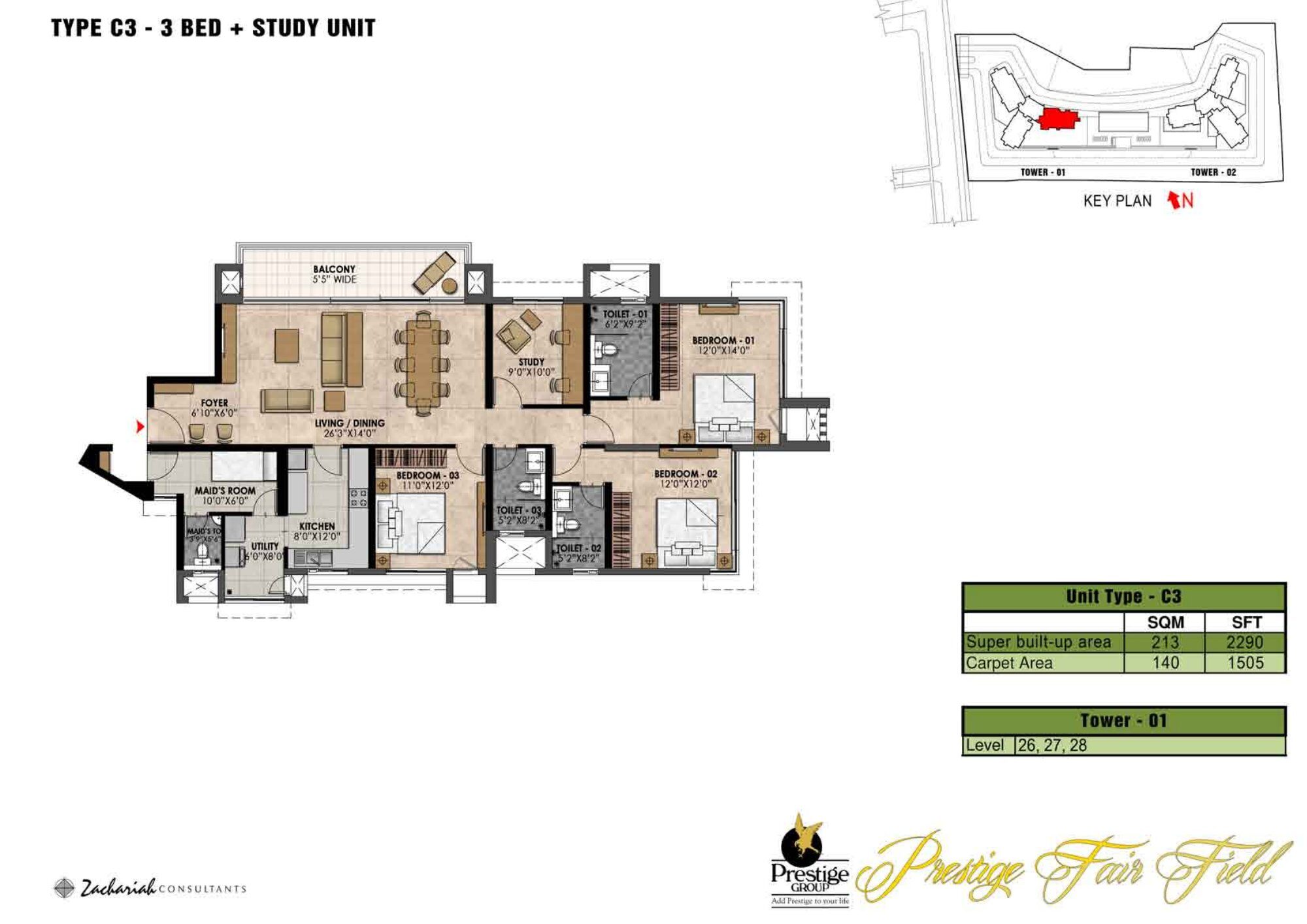 Prestige Fairfield — Type C3 · 3 BHK — Super built-up 2,290 sq ft, carpet 1,505 sq ft (p.34)