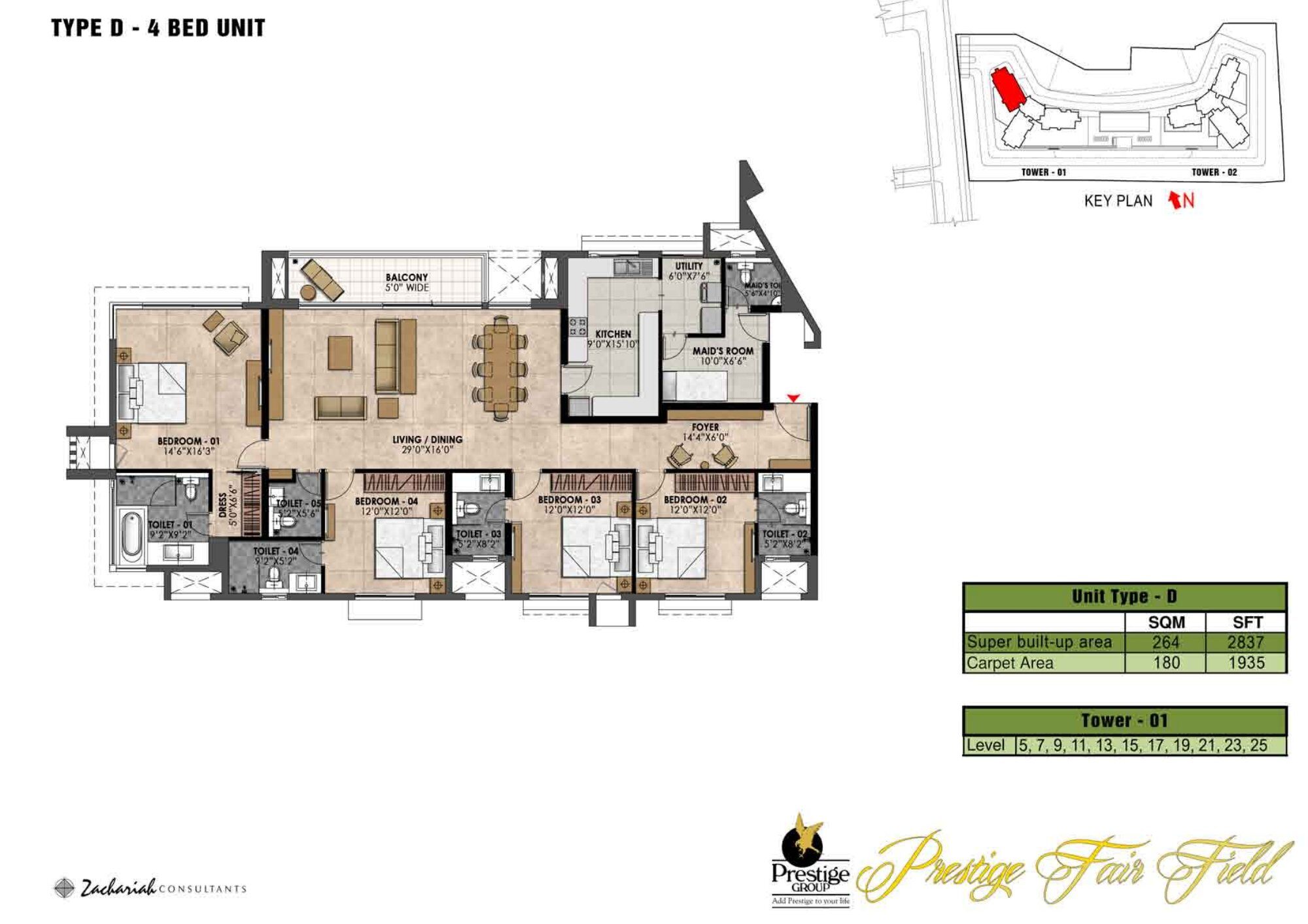Prestige Fairfield — Type D · 4 BHK — Super built-up 2,837 sq ft, carpet 1,935 sq ft (p.35)