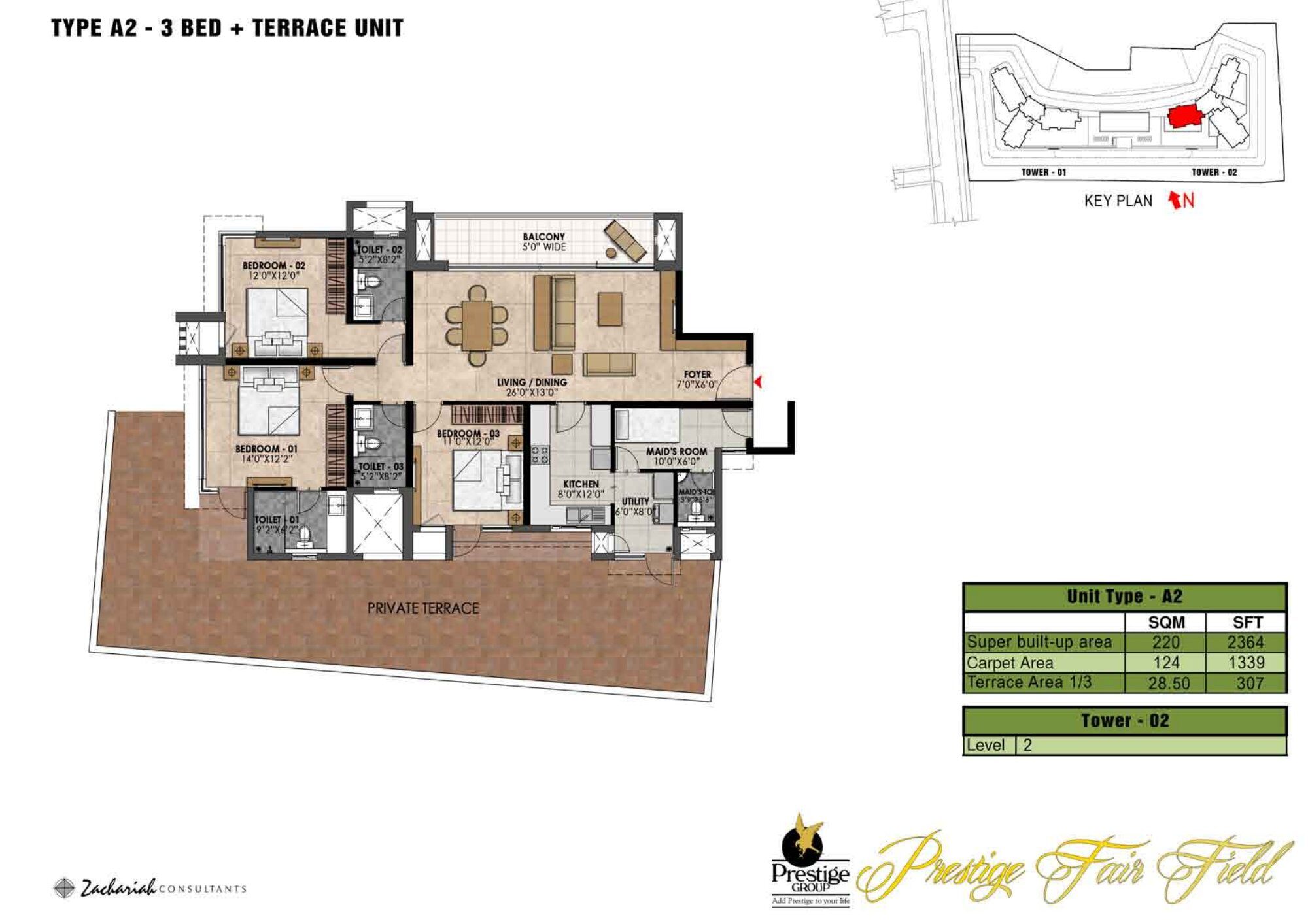 Prestige Fairfield — Type A2 · 3 BHK — Super built-up 2,364 sq ft, carpet 1,339 sq ft (p.24)