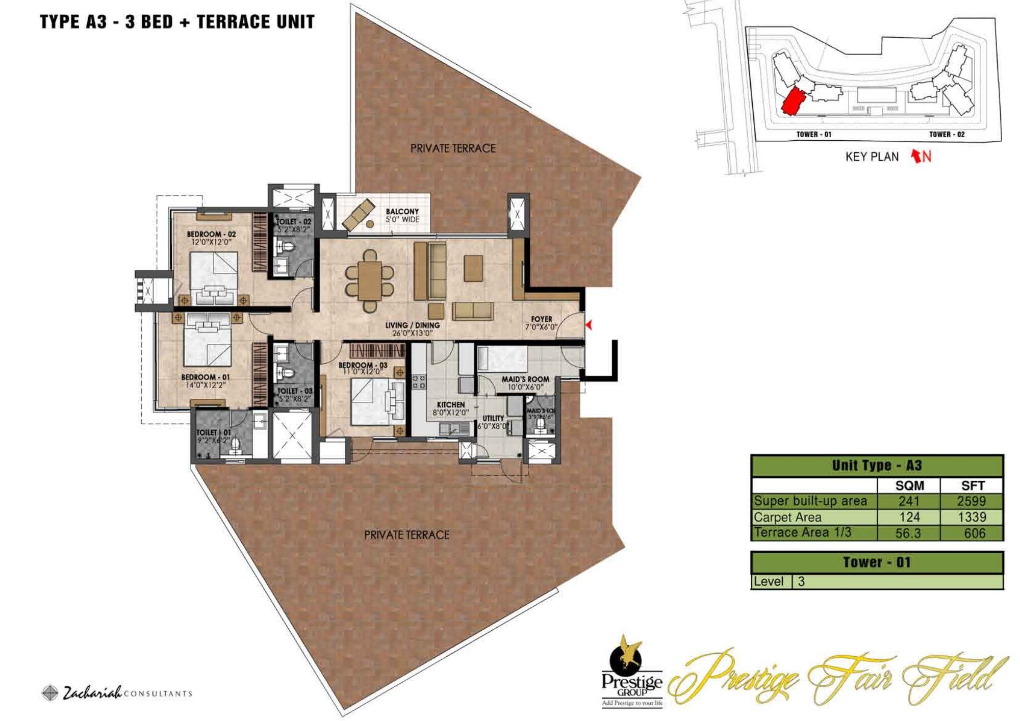 Prestige Fairfield — Type A3 · 3 BHK — Super built-up 2,599 sq ft, carpet 1,339 sq ft (p.25)