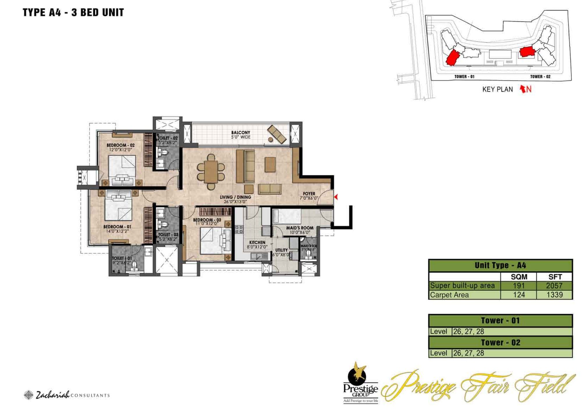 Prestige Fairfield — Type A4 · 3 BHK — Super built-up 2,057 sq ft, carpet 1,339 sq ft (p.26)