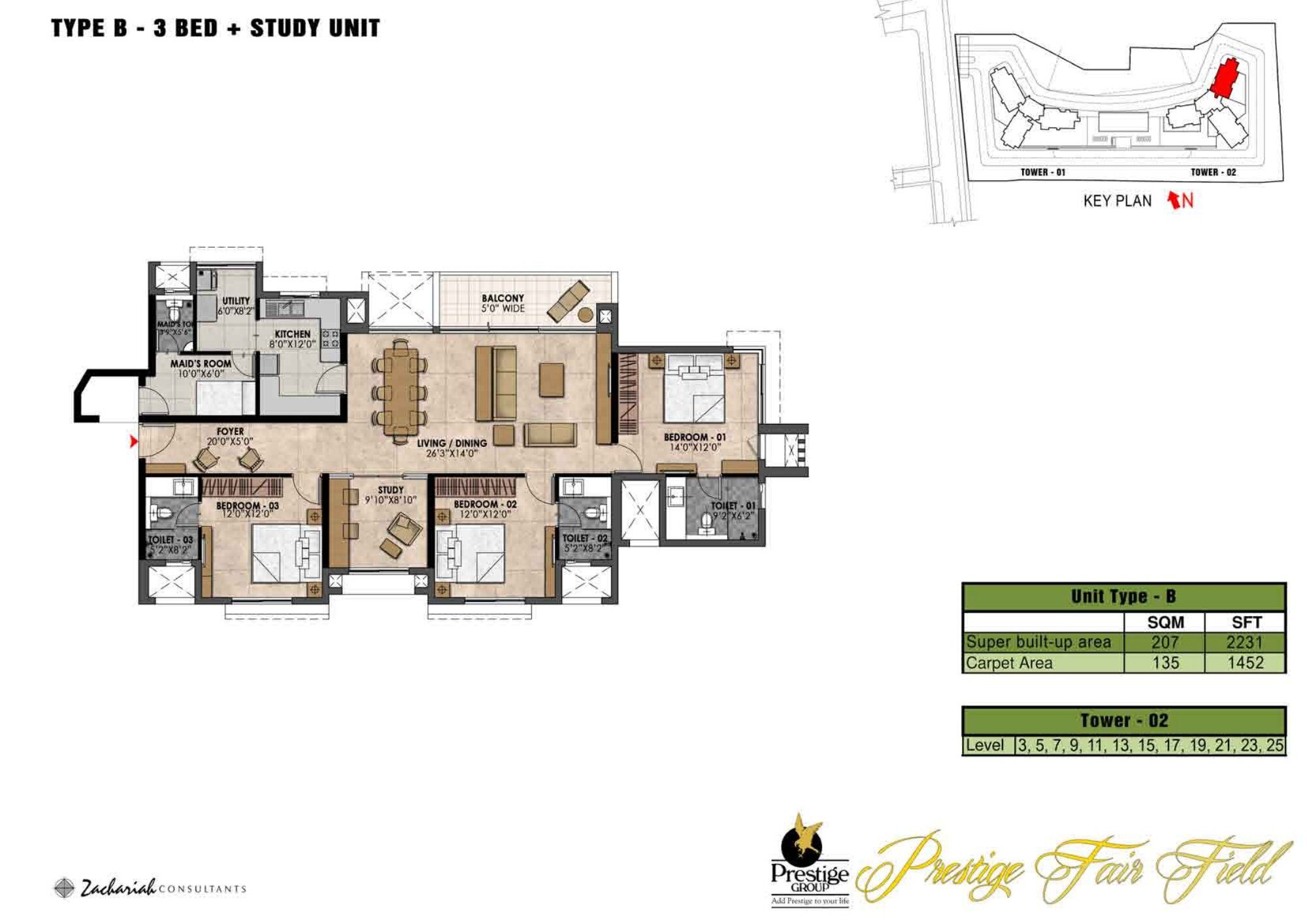 Prestige Fairfield — Type B · 3 BHK — Super built-up 2,231 sq ft, carpet 1,452 sq ft (p.27)