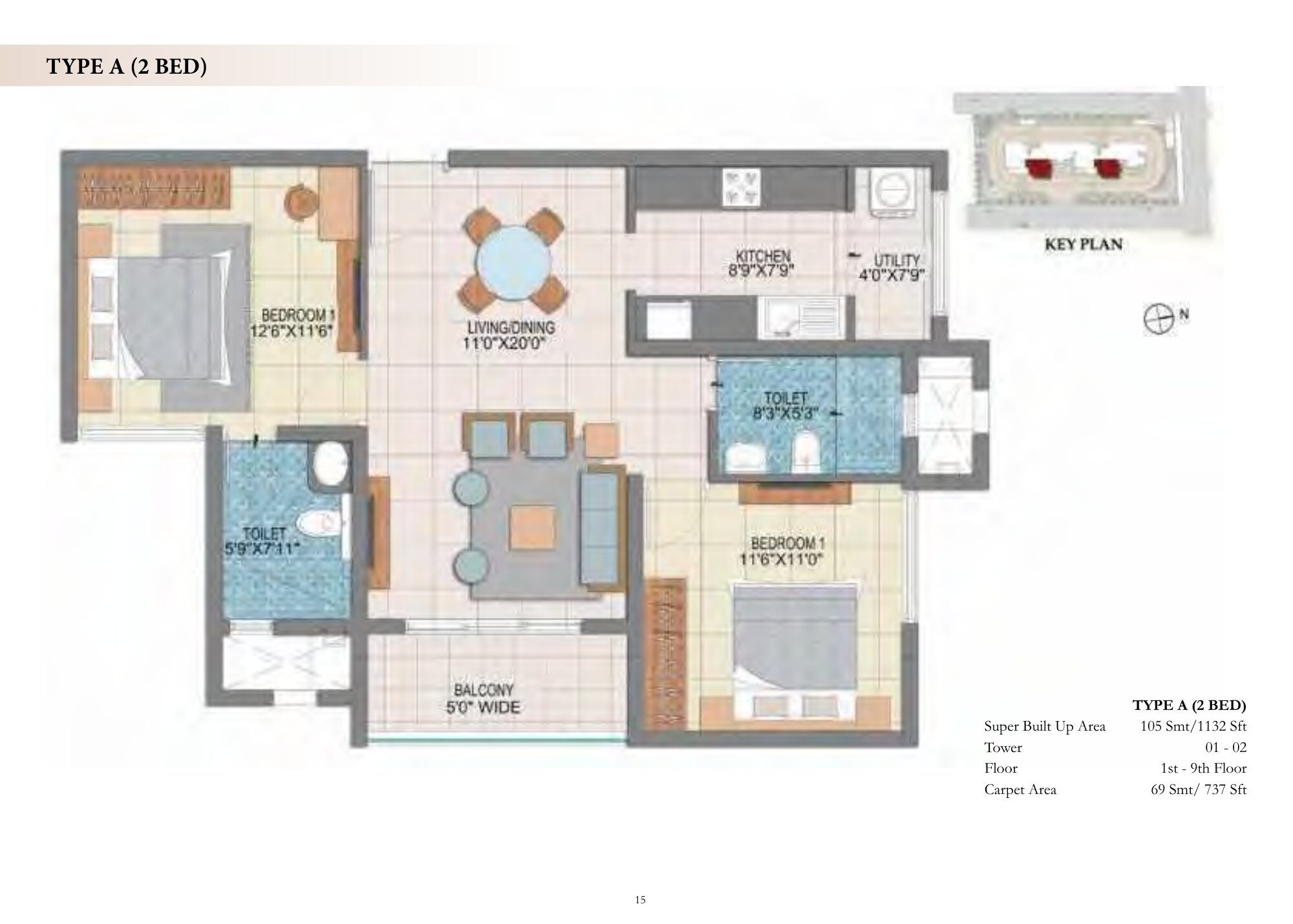 Prestige Fontaine Bleau — Type A · 2 BHK — Super built-up 1,132 sq ft, carpet 737 sq ft (p.15)
