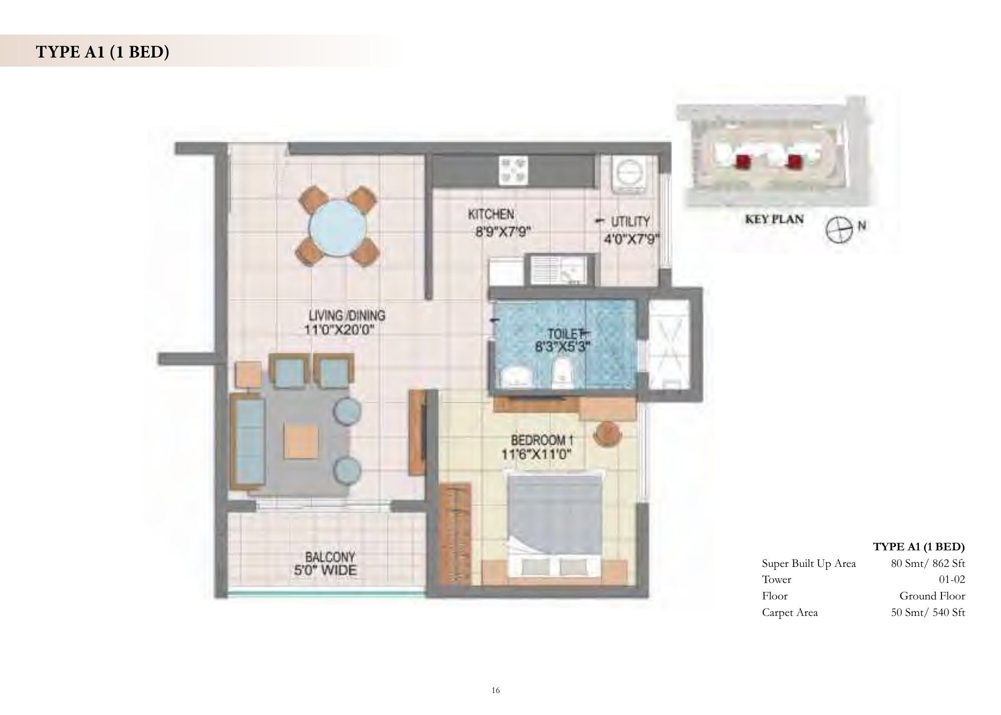Prestige Fontaine Bleau — Type A1 · 1 BHK — Super built-up 862 sq ft, carpet 540 sq ft (p.16)