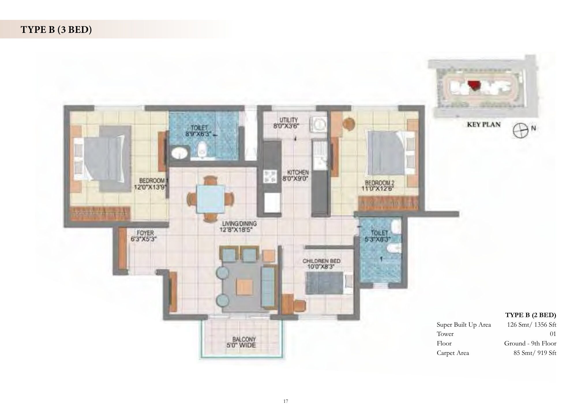Prestige Fontaine Bleau — Type B · 3 BHK — Super built-up 1,356 sq ft, carpet 919 sq ft (p.17)