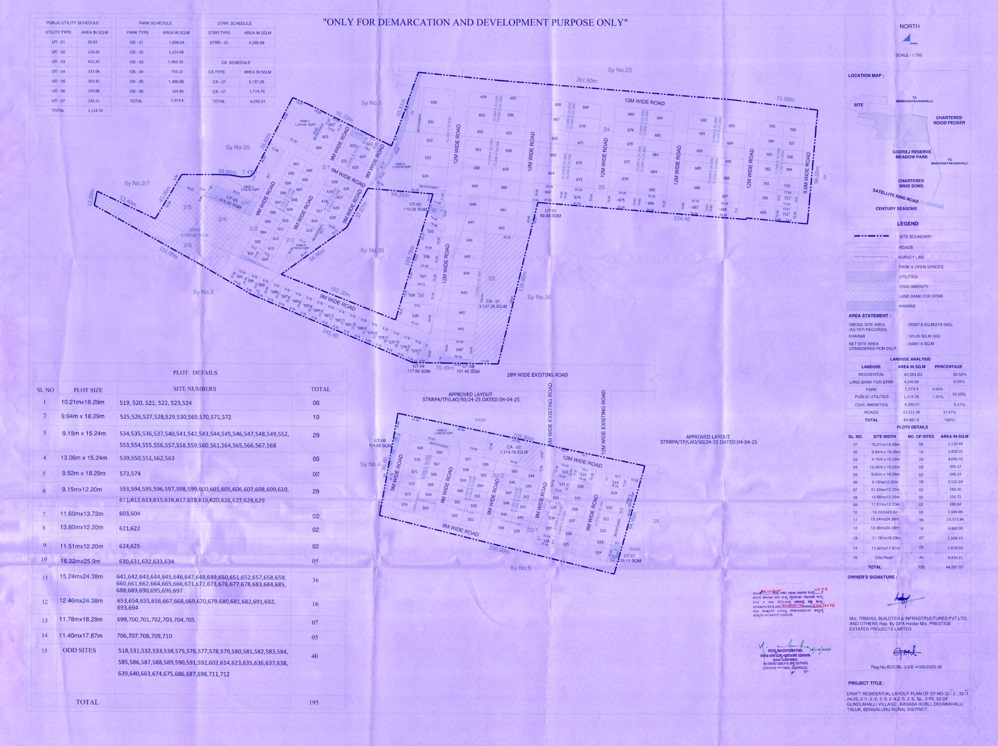 Prestige Gardenia Estate — Approved Layout Plan (as filed with K-RERA, sheet 1)