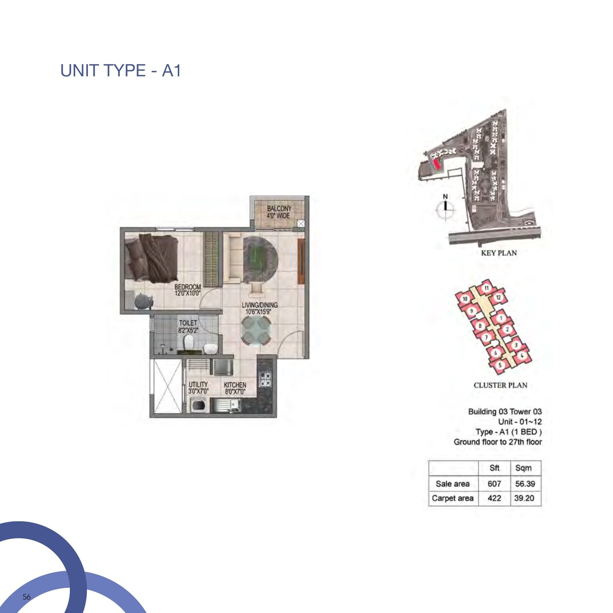 Prestige Jindal City — Type A1 · 1 BHK — Saleable 607 sq ft, carpet 422 sq ft (p.19)