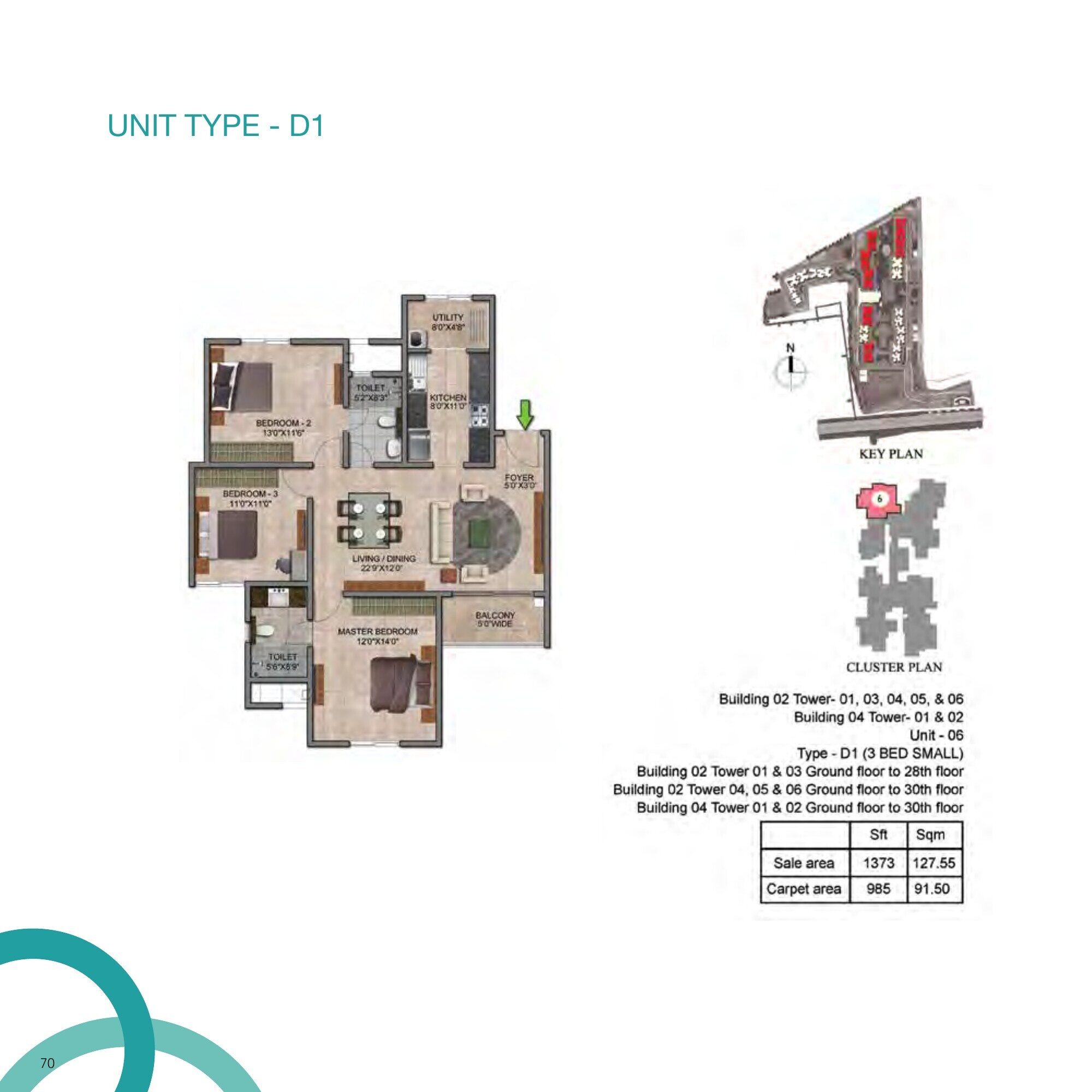 Prestige Jindal City — Type D1 · 3 BHK — Saleable 1,373 sq ft, carpet 985 sq ft (p.26)