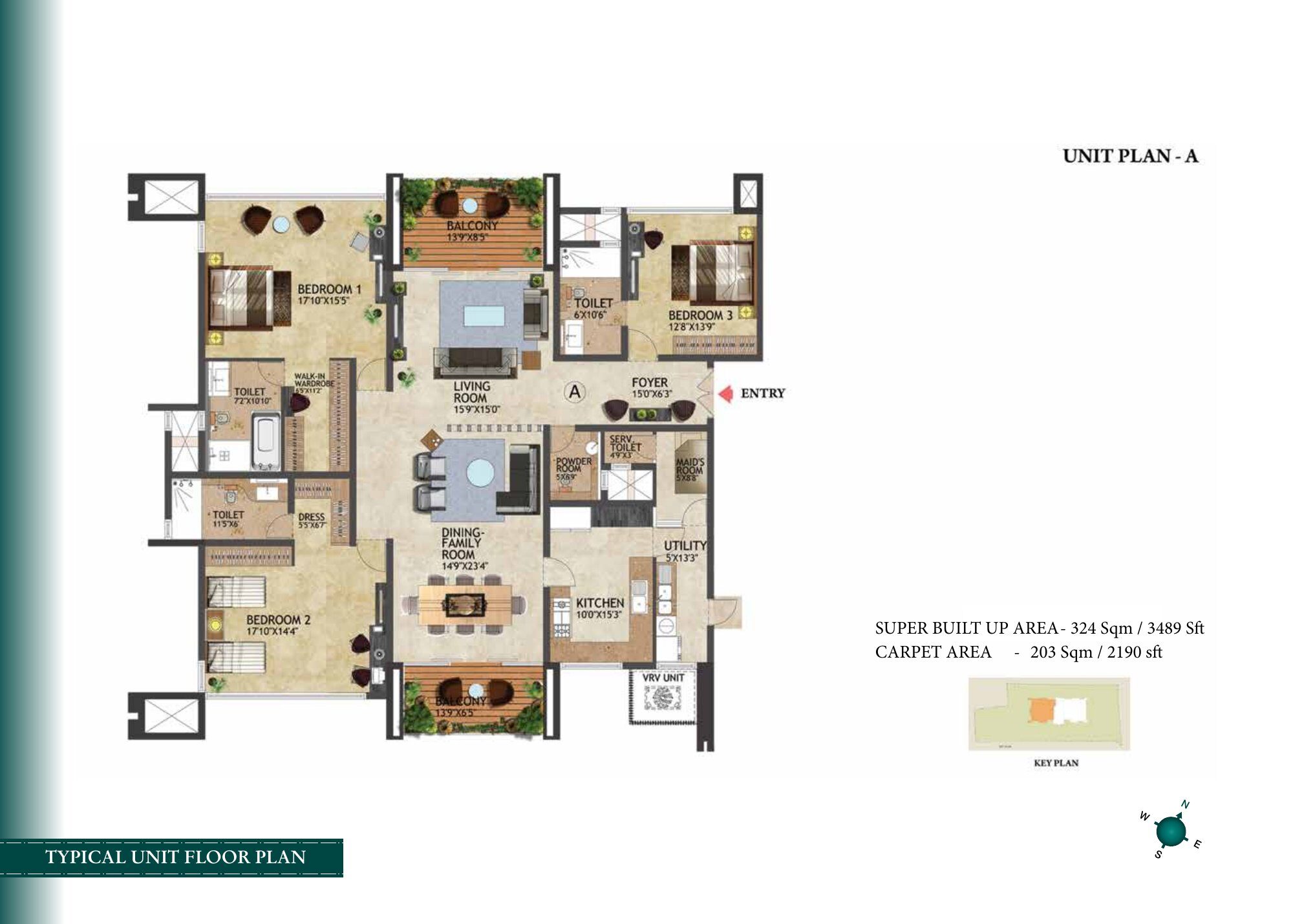 Prestige Kenilworth — Unit floor plan — Super built-up 3,489 sq ft, carpet 2,190 sq ft (p.12)