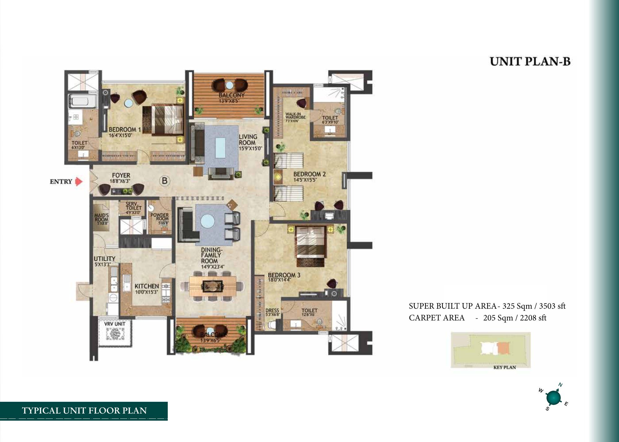 Prestige Kenilworth — Unit floor plan — Super built-up 3,503 sq ft, carpet 2,208 sq ft (p.15)