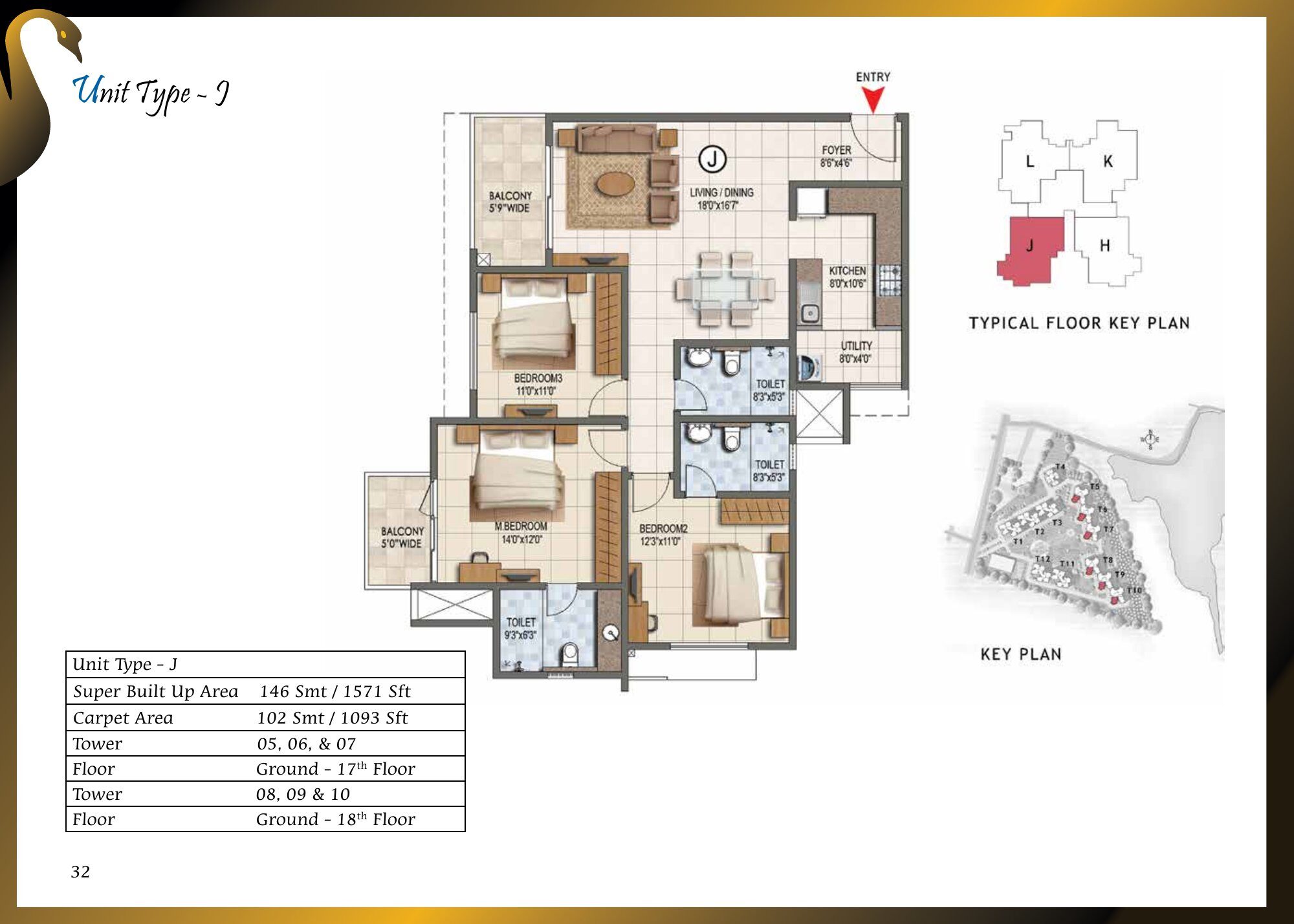 Prestige Lake Ridge — Type J — Super built-up 1,571 sq ft, carpet 1,093 sq ft (p.32)