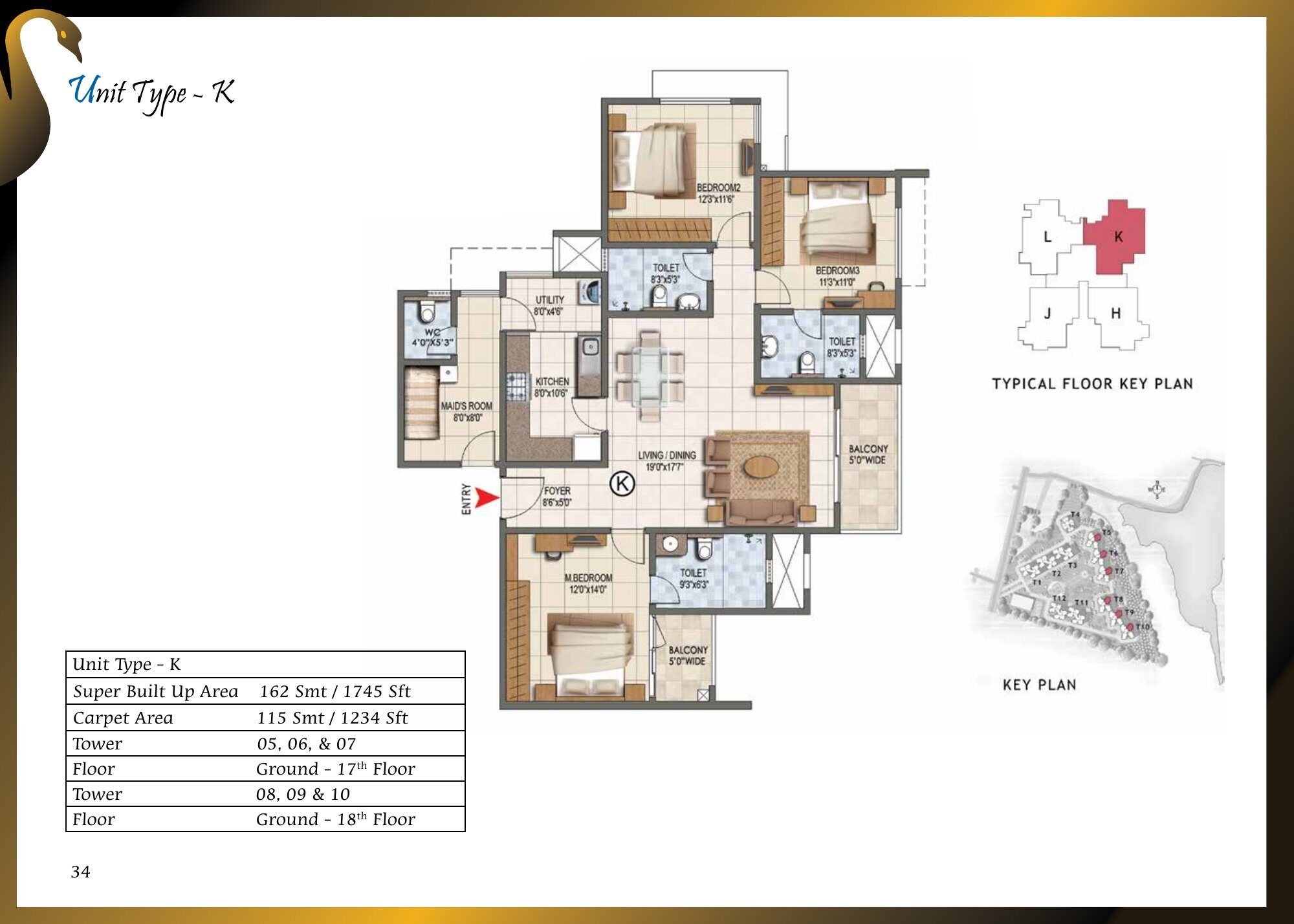 Prestige Lake Ridge — Type K — Super built-up 1,745 sq ft, carpet 1,234 sq ft (p.34)