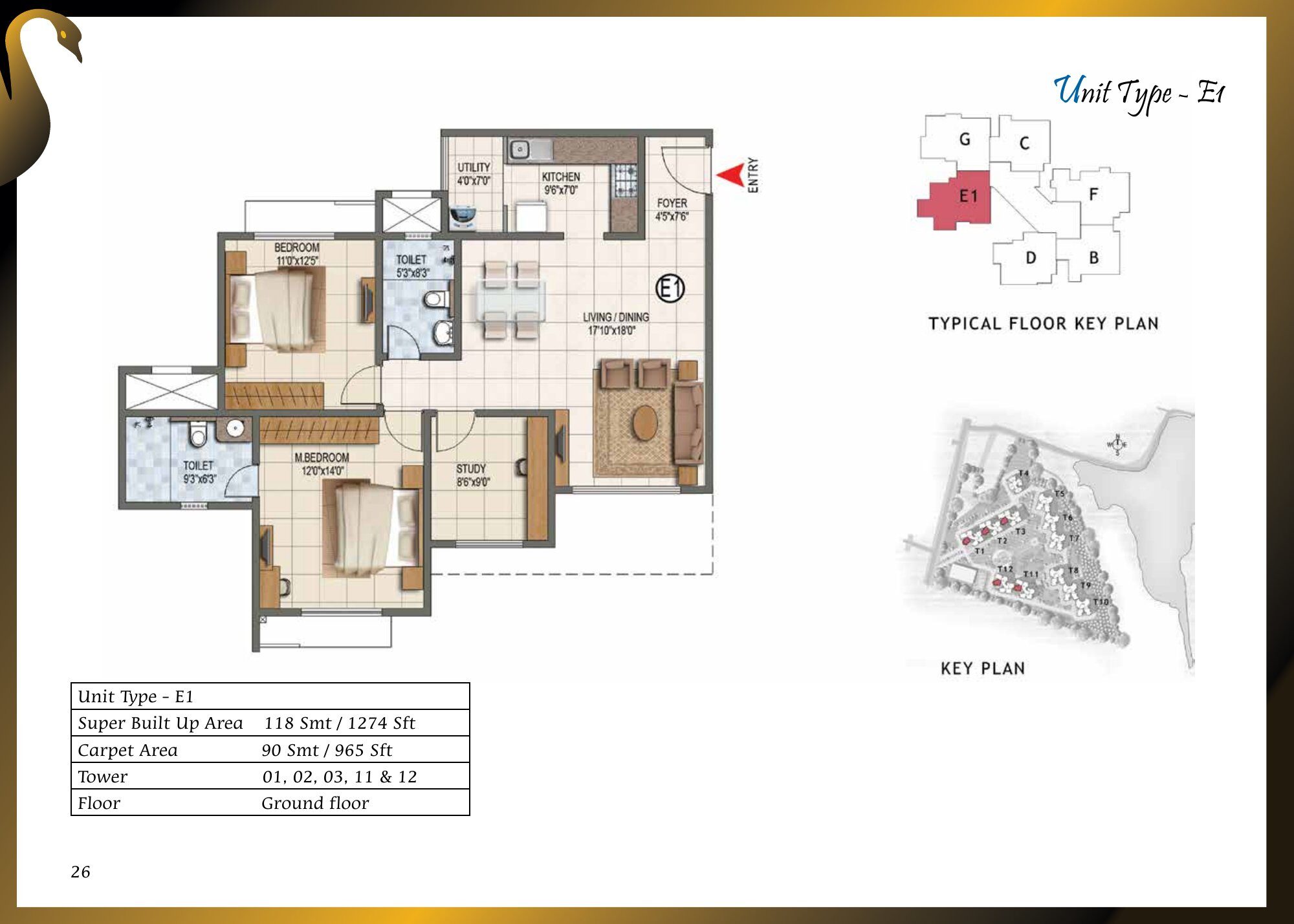 Prestige Lake Ridge — Type E1 — Super built-up 1,274 sq ft, carpet 965 sq ft (p.26)