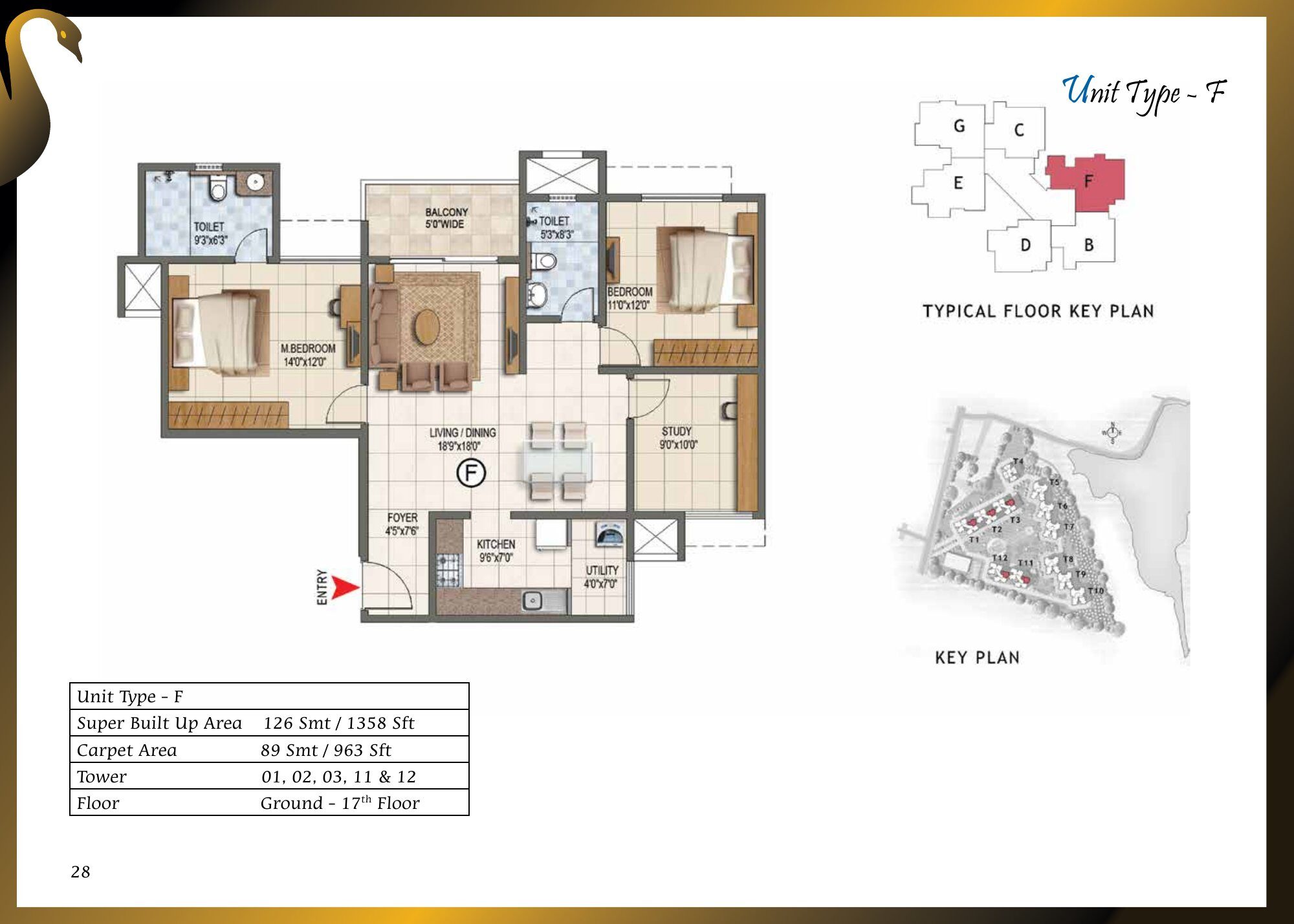 Prestige Lake Ridge — Type F — Super built-up 1,358 sq ft, carpet 963 sq ft (p.28)