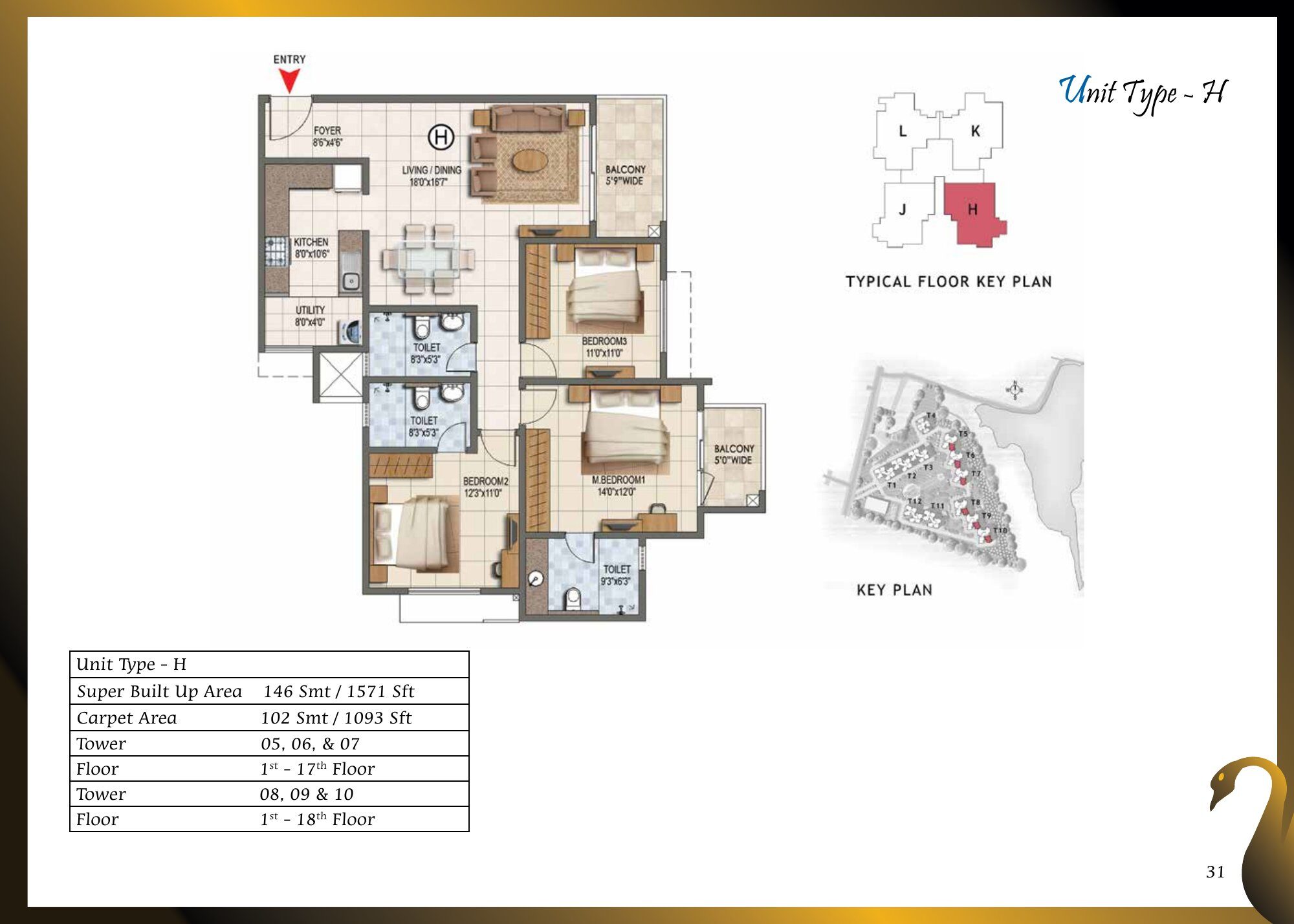 Prestige Lake Ridge — Type H — Super built-up 1,571 sq ft, carpet 1,093 sq ft (p.31)