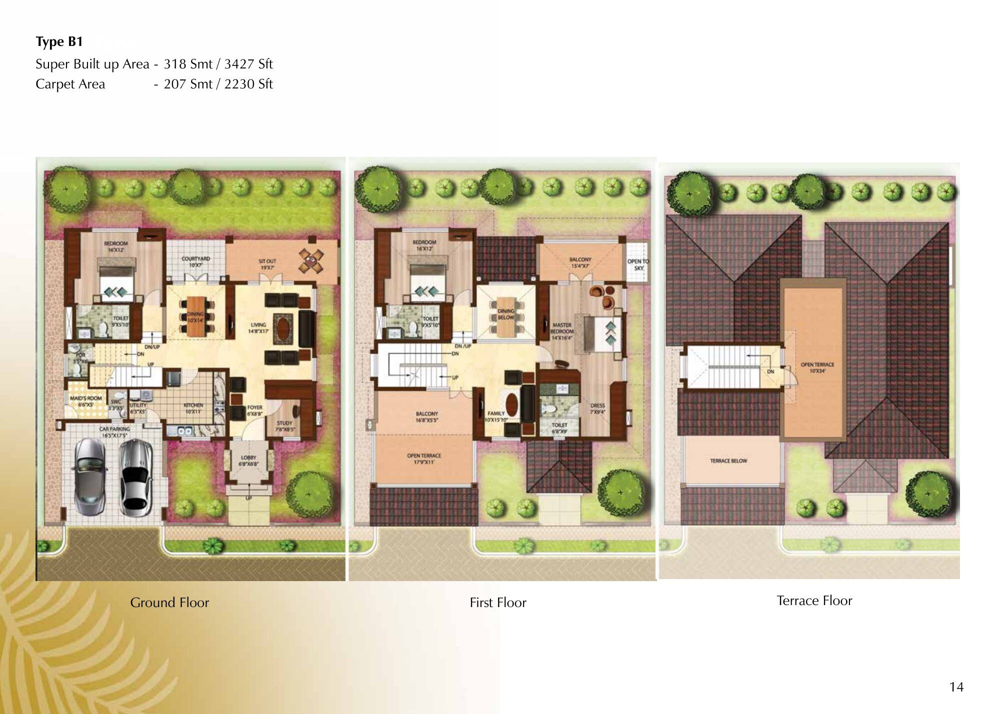 Prestige Palm Residences — Type B1 — Super built-up 3,427 sq ft, carpet 2,230 sq ft (p.14)