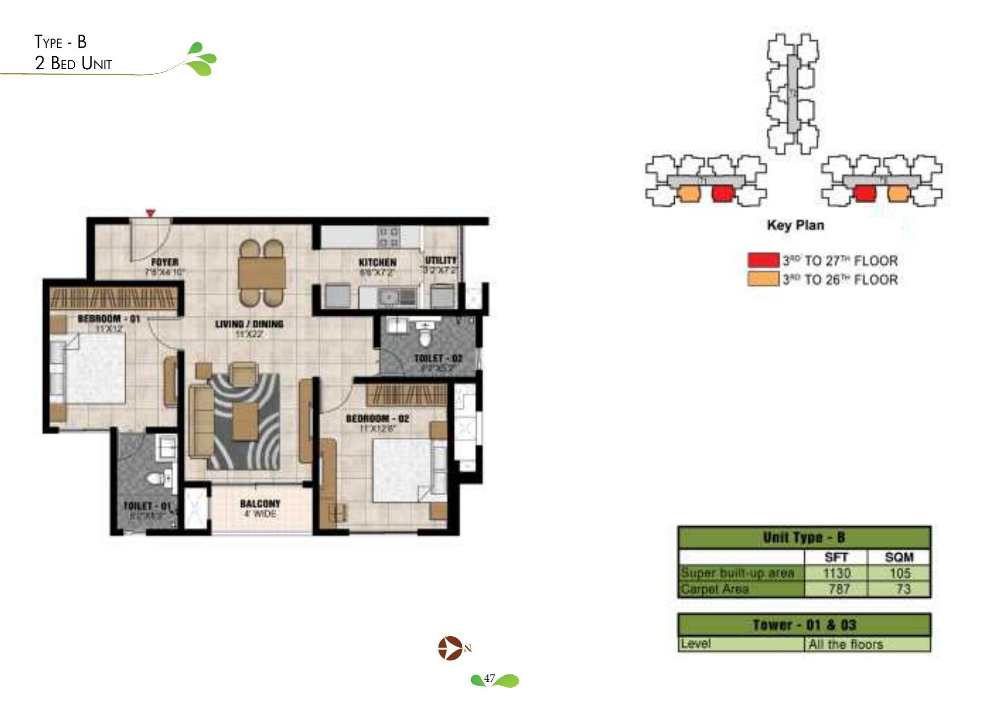 Prestige Park Square — Type B · 2 BHK — Super built-up 1,130 sq ft, carpet 787 sq ft (p.24)
