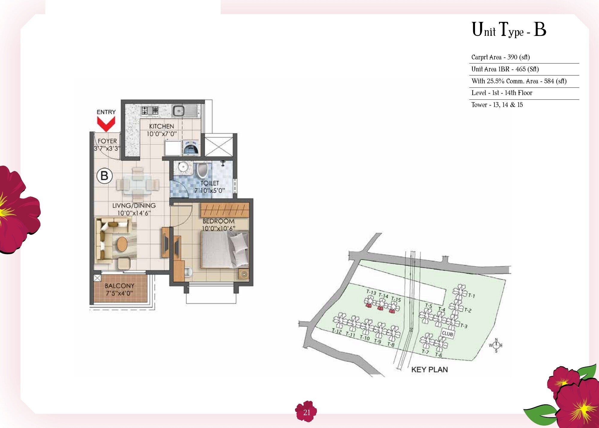Prestige Primrose Hills — Type B · 1 BHK — carpet 390 sq ft; unit area 465 sq ft; 584 sq ft with 25.5% common area (p.8)