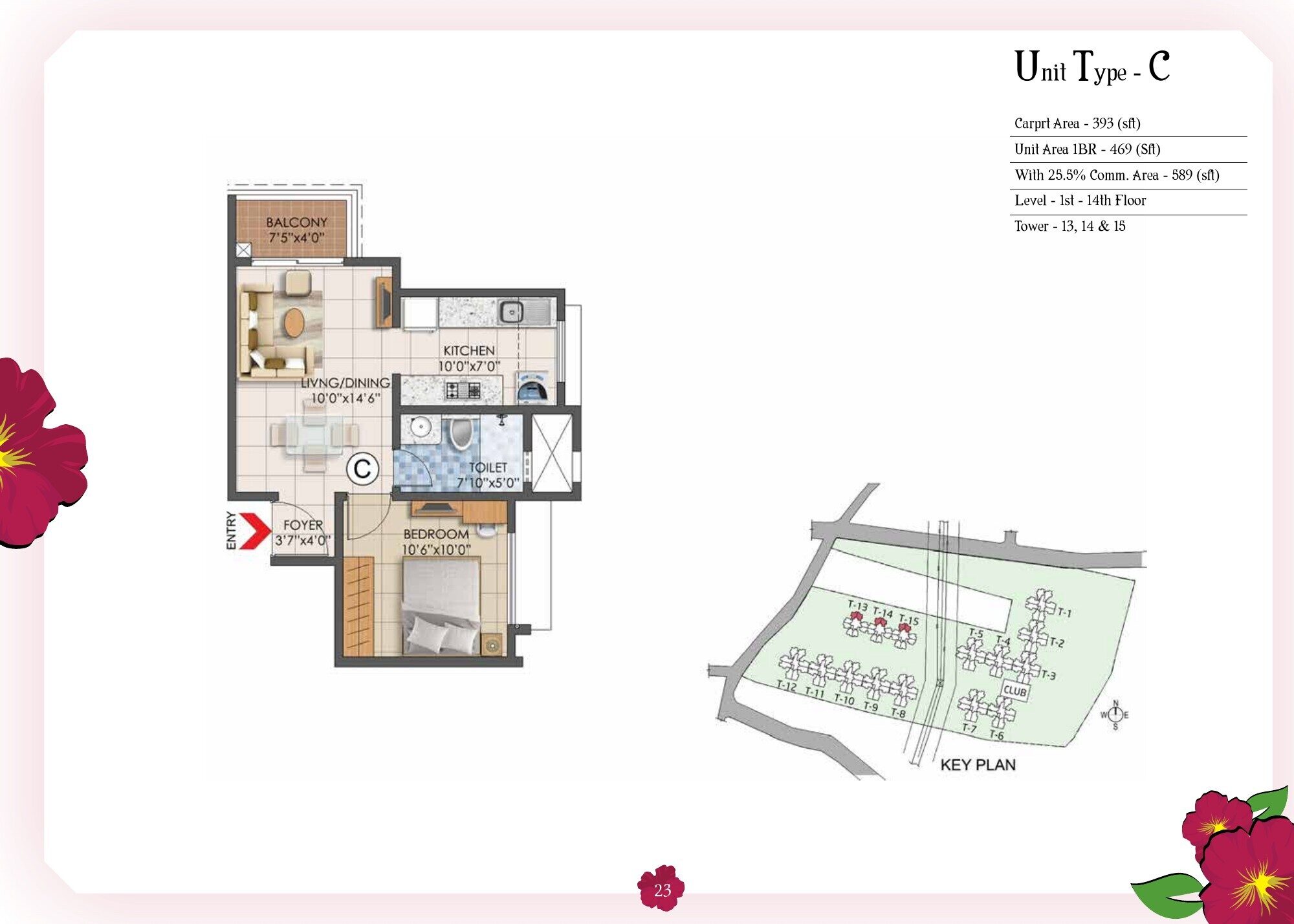 Prestige Primrose Hills — Type C · 1 BHK — carpet 393 sq ft; unit area 469 sq ft; 589 sq ft with 25.5% common area (p.9)