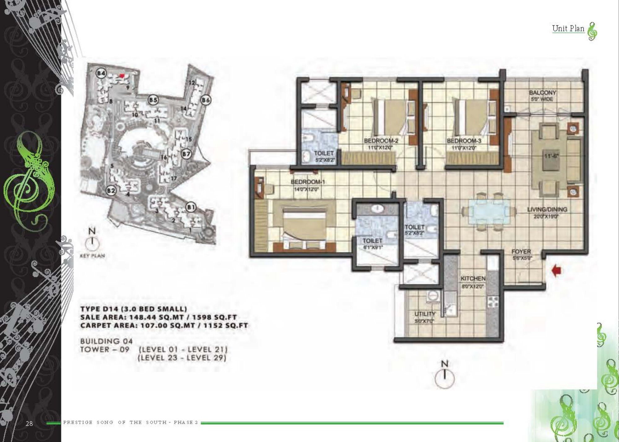 Prestige Song of the South — Type D14 — Saleable 1,598 sq ft, carpet 1,152 sq ft (p.25)