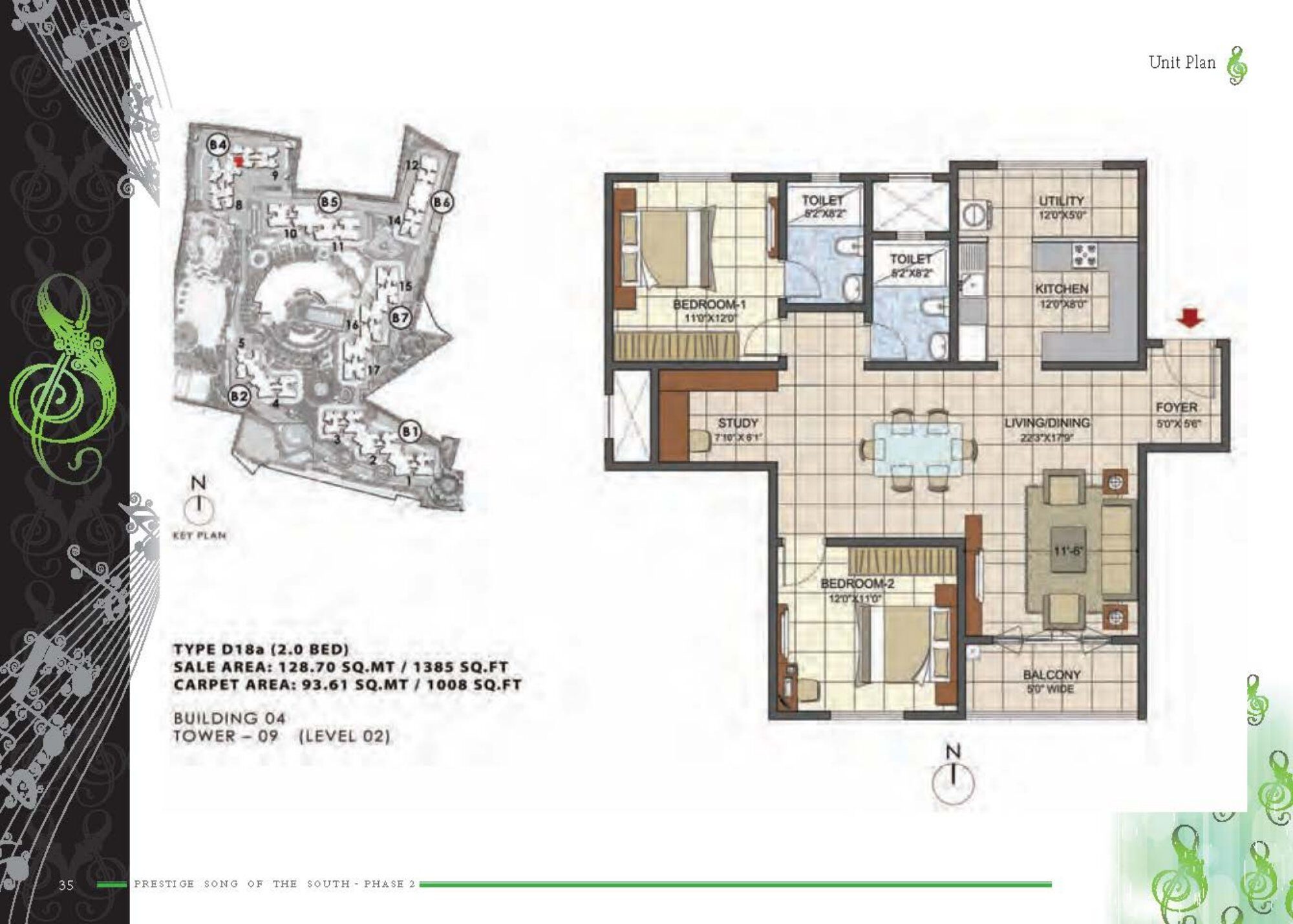 Prestige Song of the South — Type D18A — Saleable 1,385 sq ft, carpet 1,008 sq ft (p.32)