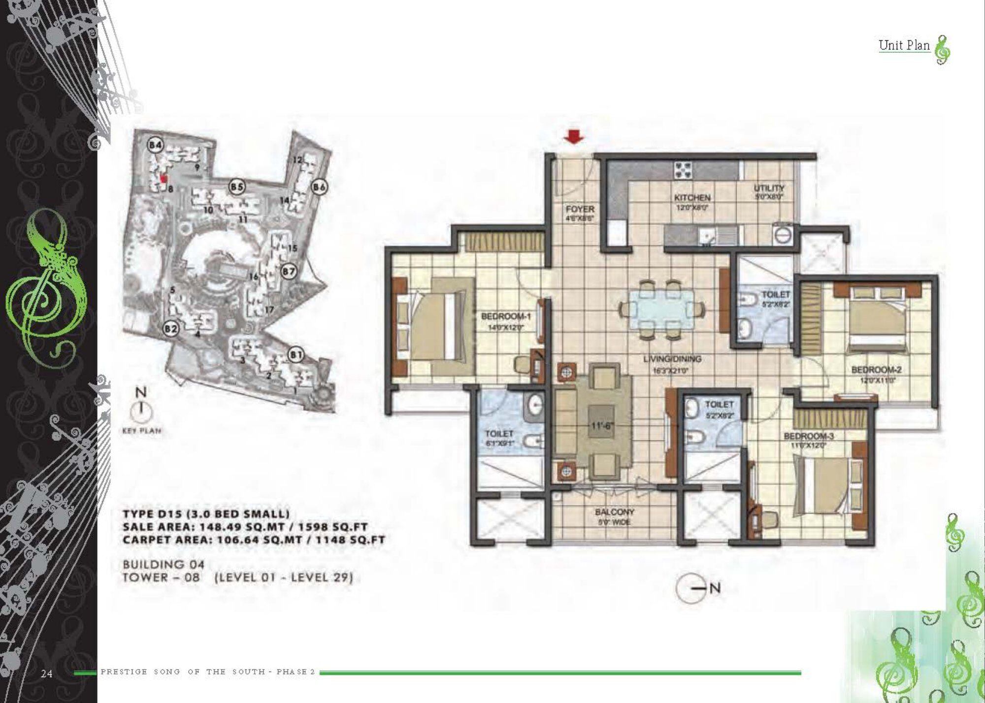 Prestige Song of the South — Unit floor plan — Saleable 1,598 sq ft, carpet 1,148 sq ft (p.21)