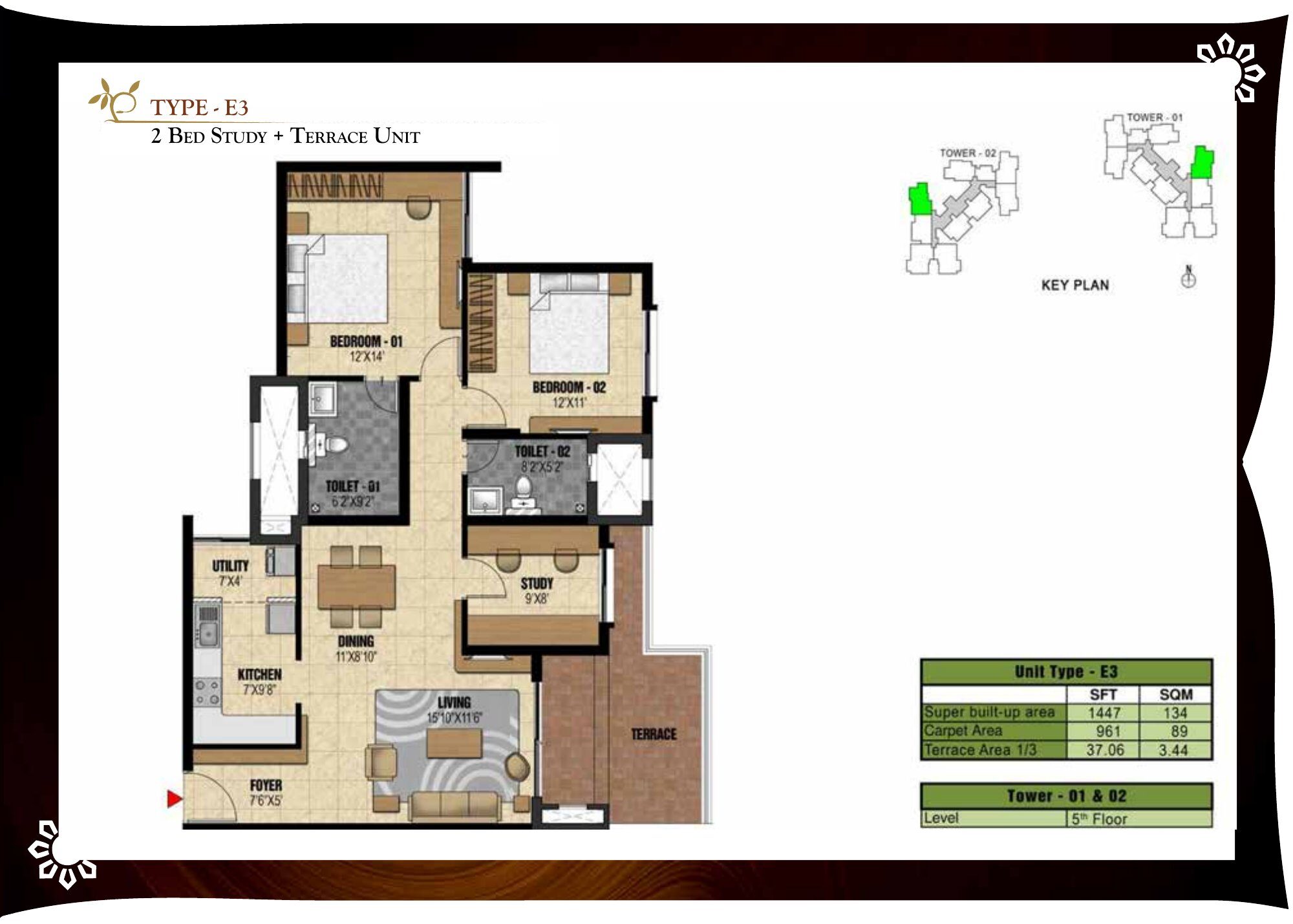 Prestige Valley Crest — Type E3 · 2 BHK — Super built-up 1,447 sq ft, carpet 961 sq ft (p.31)