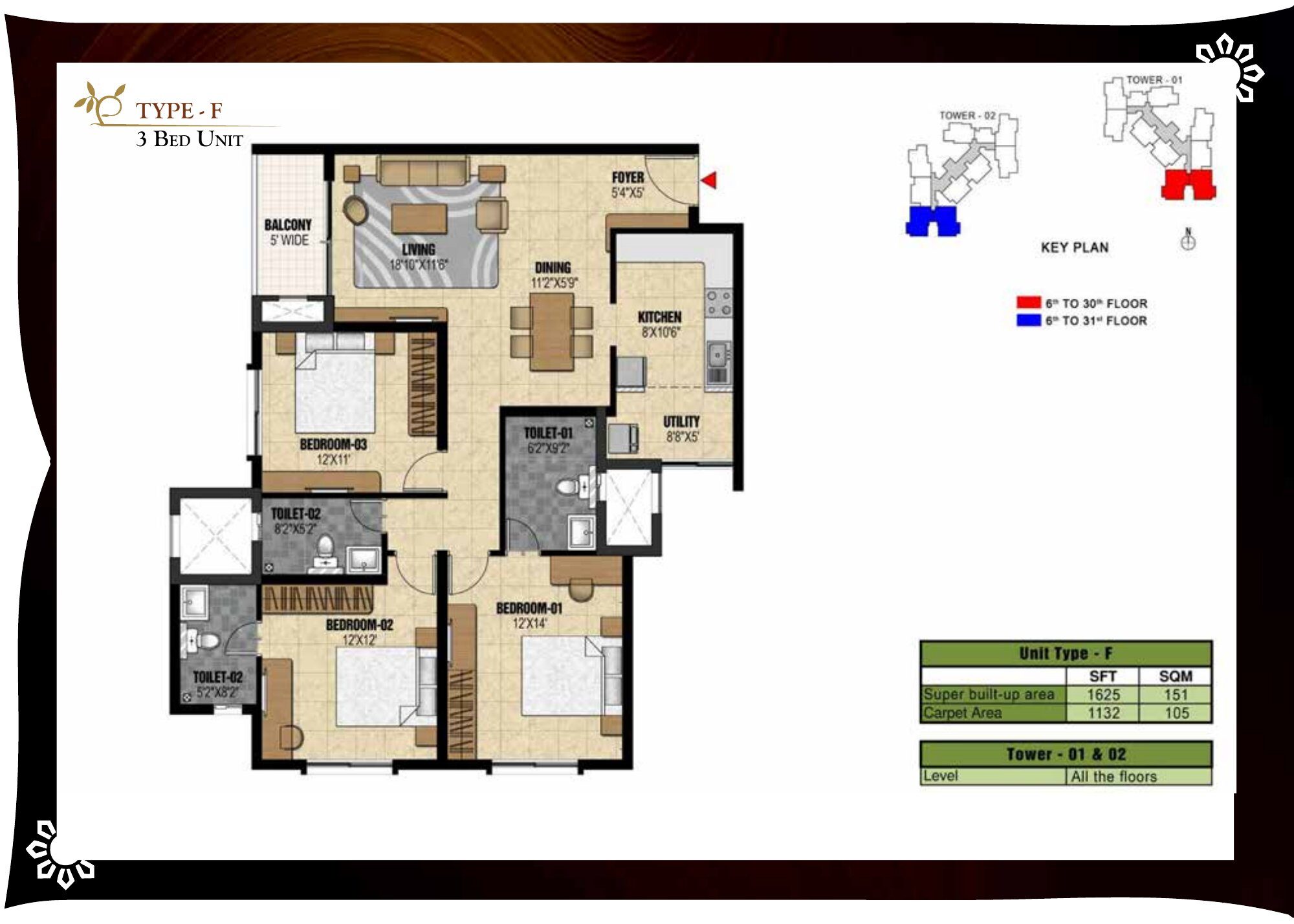 Prestige Valley Crest — Type F — Super built-up 1,625 sq ft, carpet 1,132 sq ft (p.34)
