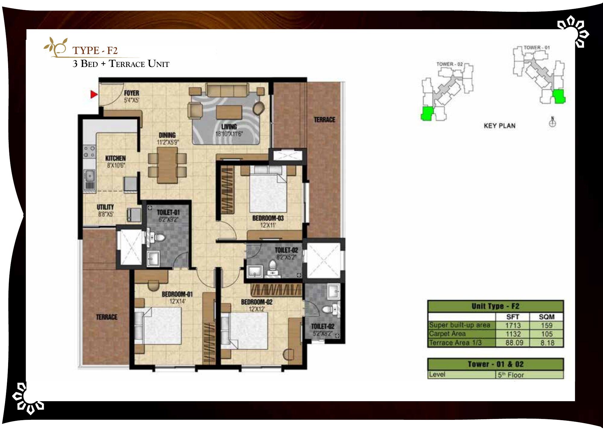 Prestige Valley Crest — Type F2 — Super built-up 1,713 sq ft, carpet 1,132 sq ft (p.36)