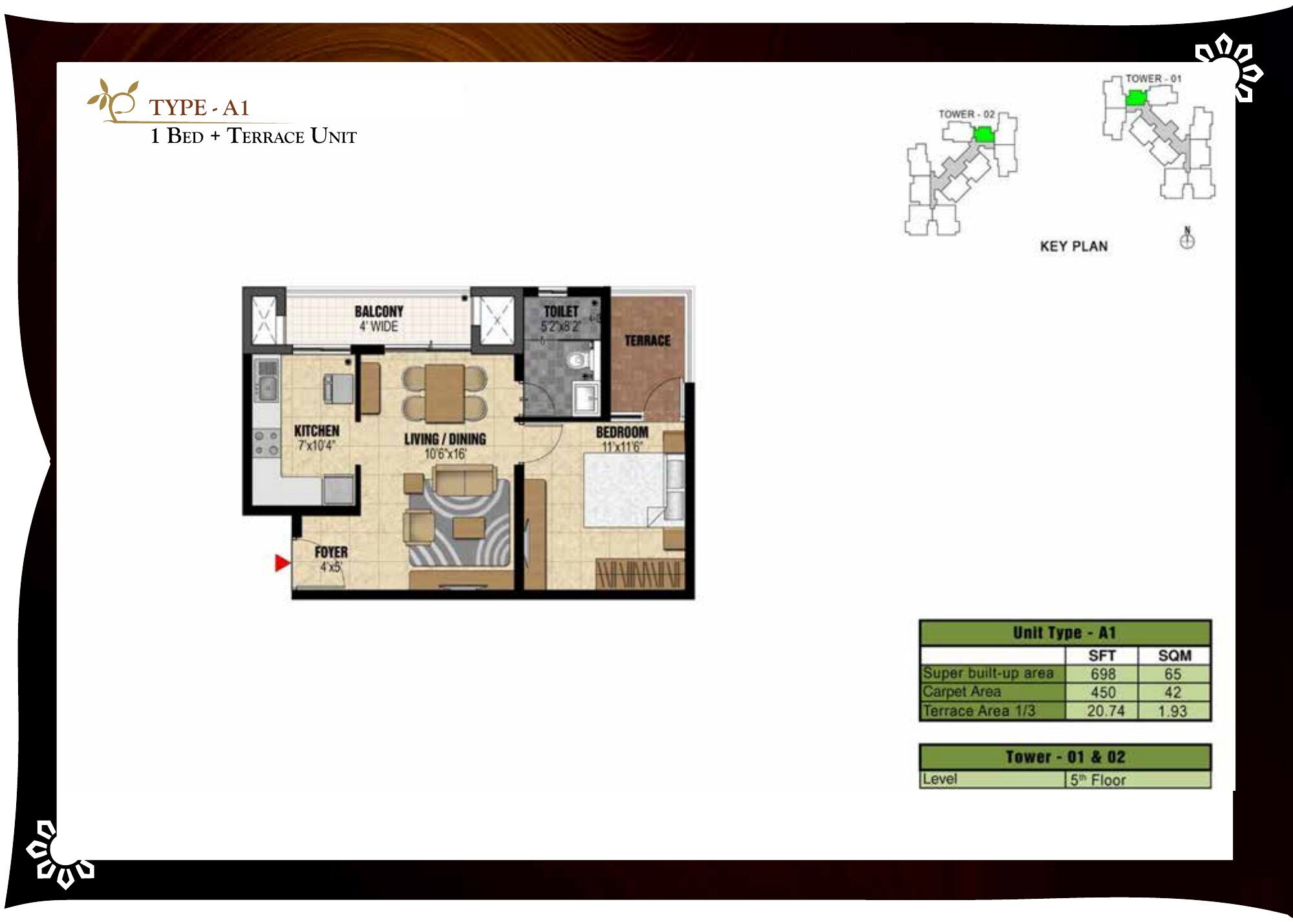 Prestige Valley Crest — Type A1 — Super built-up 698 sq ft, carpet 450 sq ft (p.16)